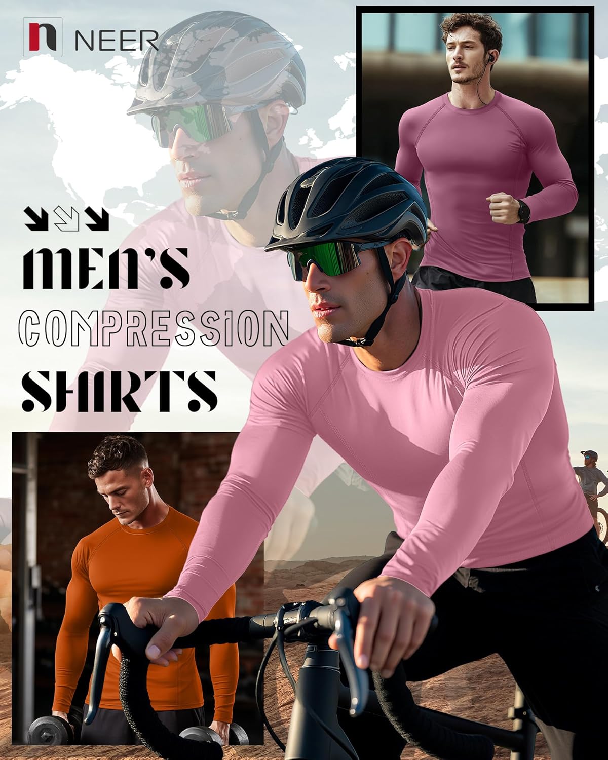 Neer 4 Pcs Mens Compression Shirts Raglan Long Sleeve Slim Fit Crew Neck Tops Workout Athletic Cool Dry Base Layer Gym Tees