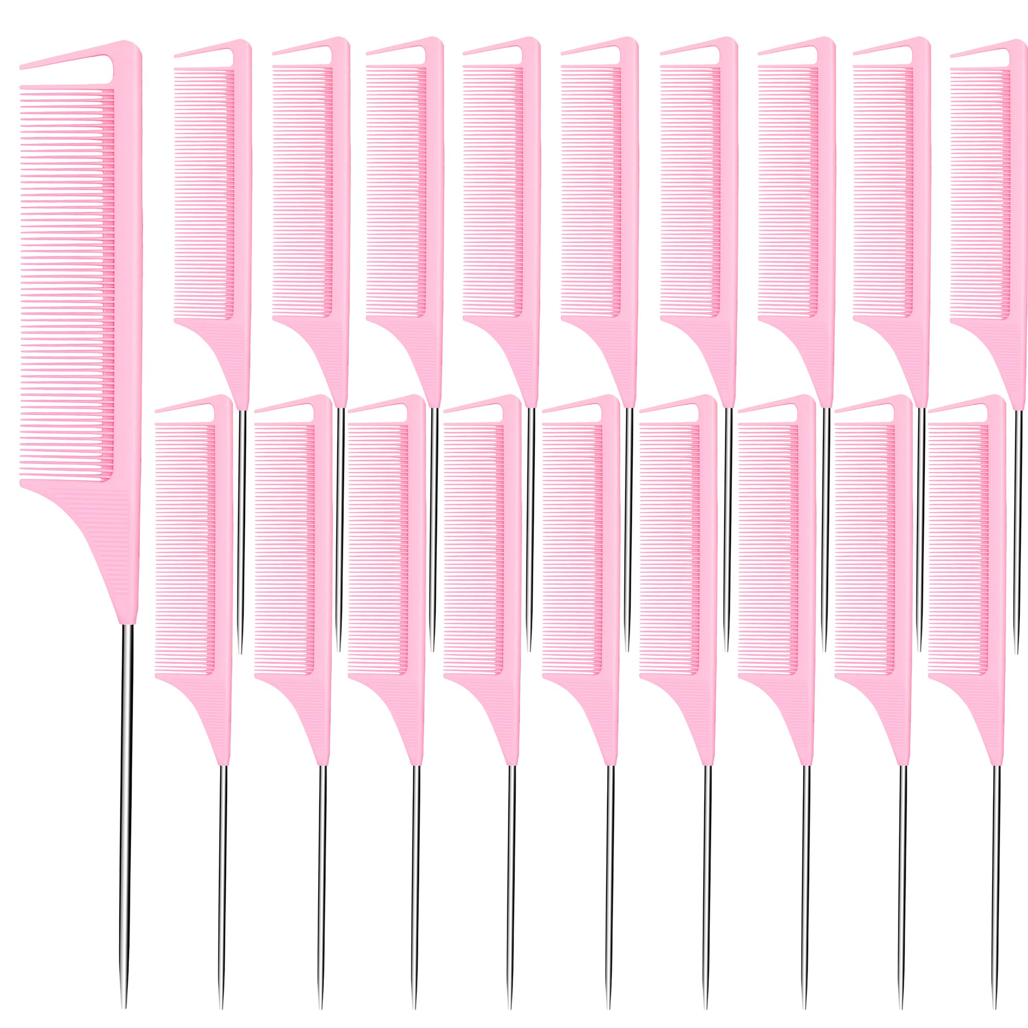 Peines de cola de rata, 20 unidades, peines de separación para trenzar el cabello, fibra de carbono, resistentes al calor, antiestáticos, para seccionar, separar, peinar el cabello (rosa)