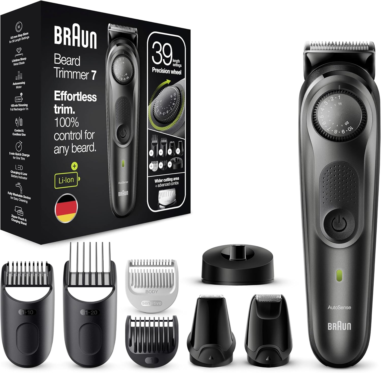 Braun Baardtrimmer 7, Trimmer Voor Mannen, Tondeuse Voor Haar En Gezicht Voor Heren, Levenslang Scherpe Bladen, Trimmer For Men, 39 Lengte-Instellingen, BT7350, Zwart/Grijs
