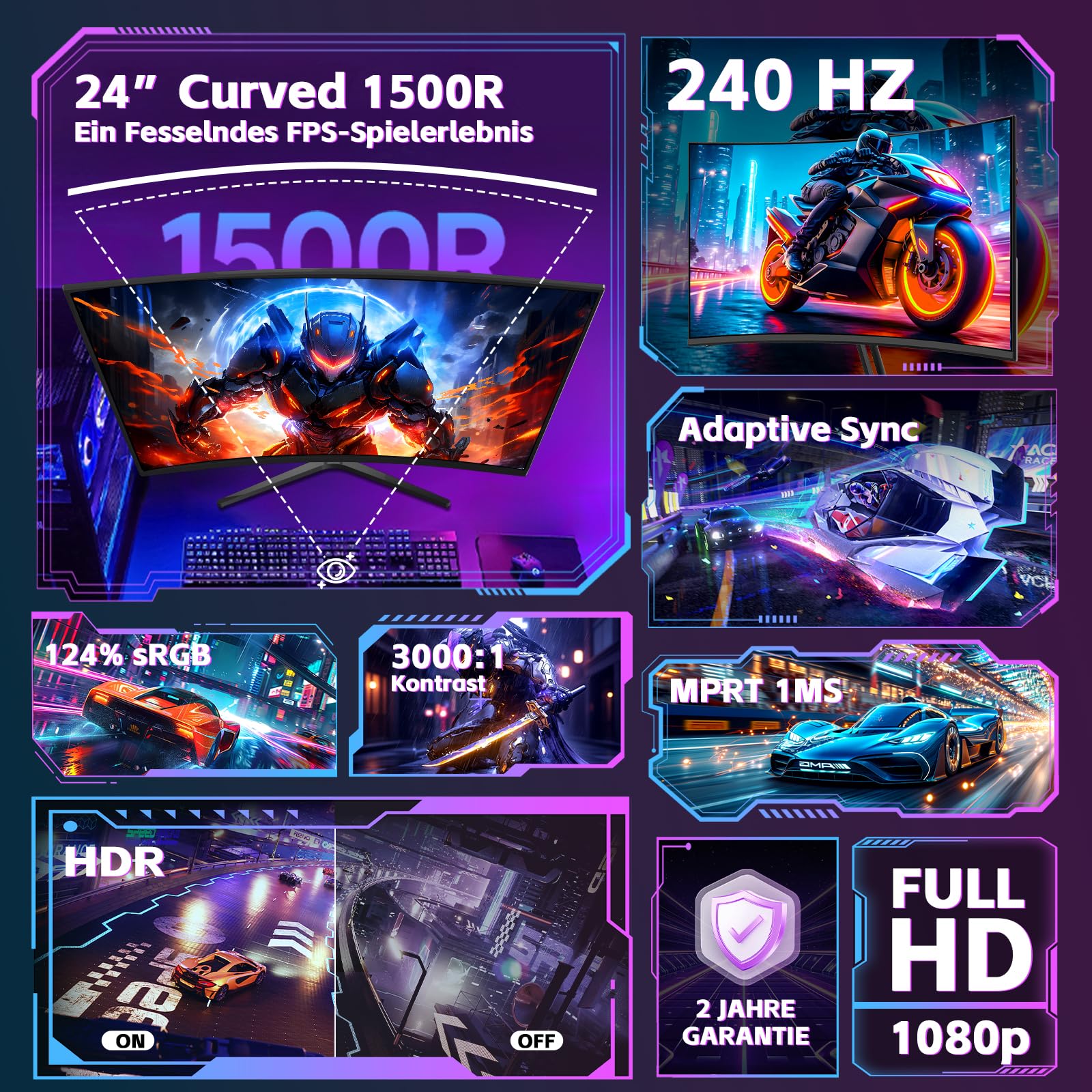 Amzfast Monitor Gaming, Schermo PC Gamer curvo 24 pollici - 240 Hz, FHD 1920 x 1080, sRGB 124% / DCI-P3 93%, 1 ms MPRT, anti-luce blu, adattatore Sync, VESA 75 x 75, AMZG24C1Pro