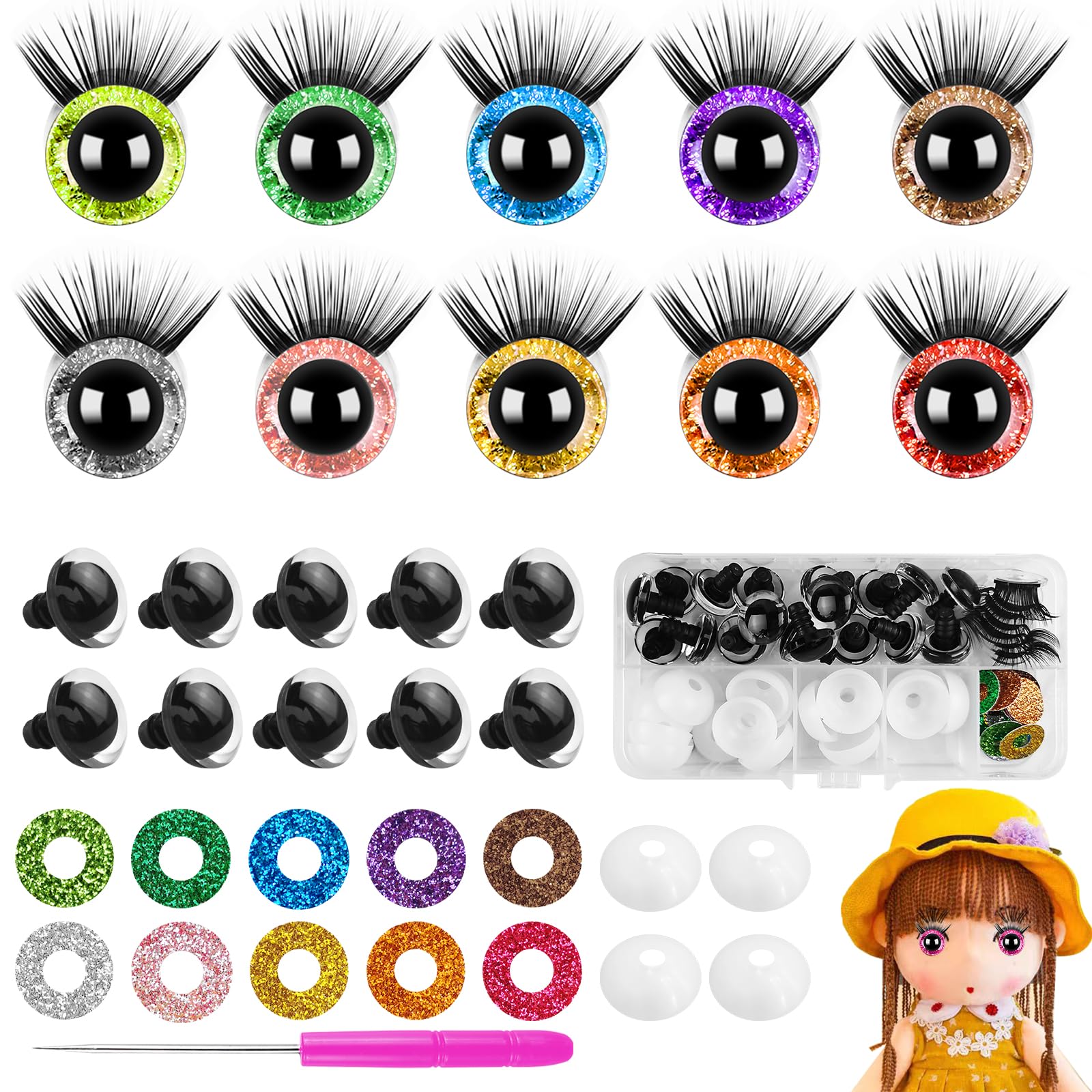 HavaCue Lot de 30 Yeux de Securite Amigurumi 16mm Amigurumi Kit avec Cils Clignotant Yeux Securite Amigurumi Crochet Animal Doll Poupée Jouets Bricolage Artisanat