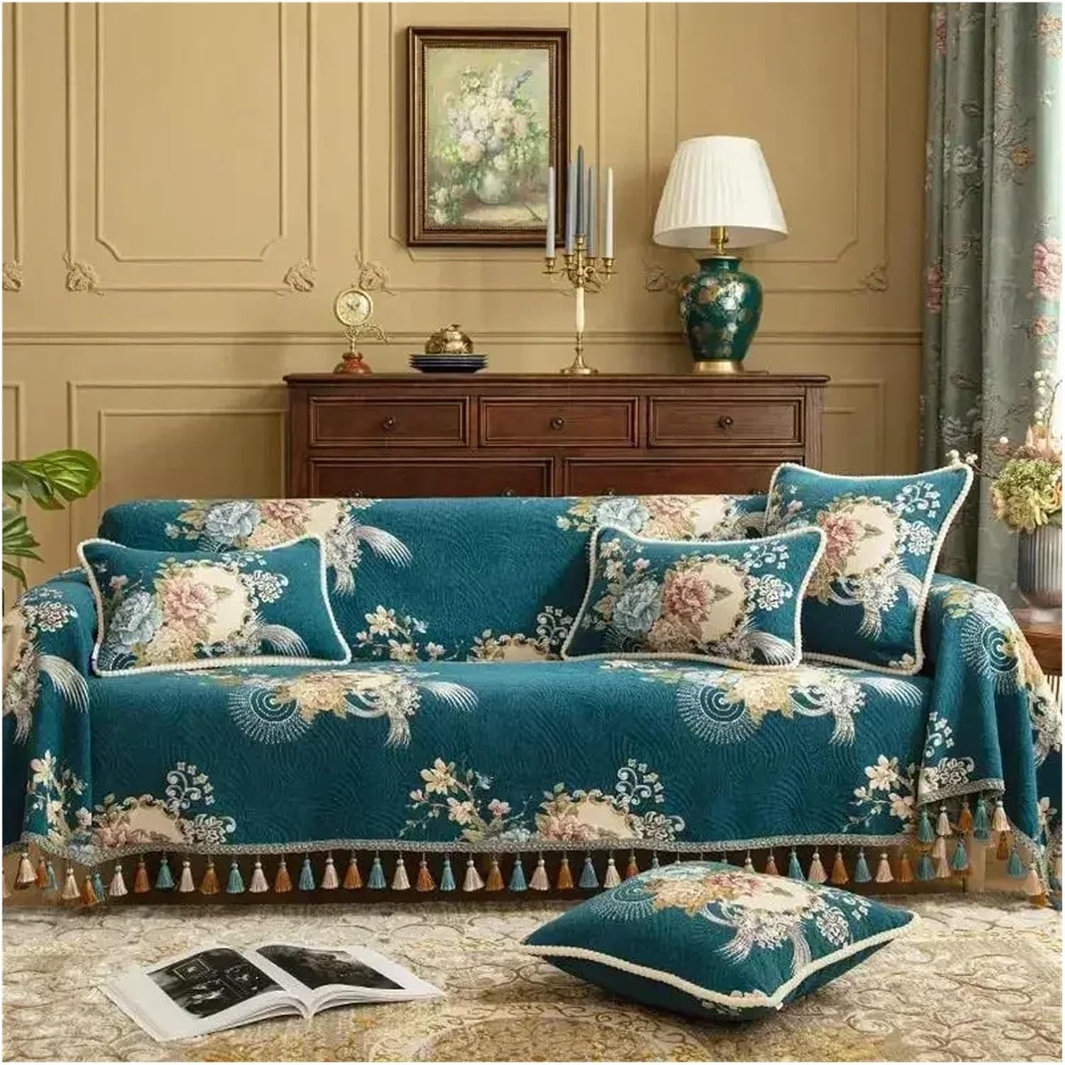 Vintage Sofa Cover Tassel Sofa Slipcover Couch Cover 1/2/3/4 Seater Jacquard Flower Single Furniture Recliner Chaise Towel(Dark Blue-A,5 Seater-190x380cm)