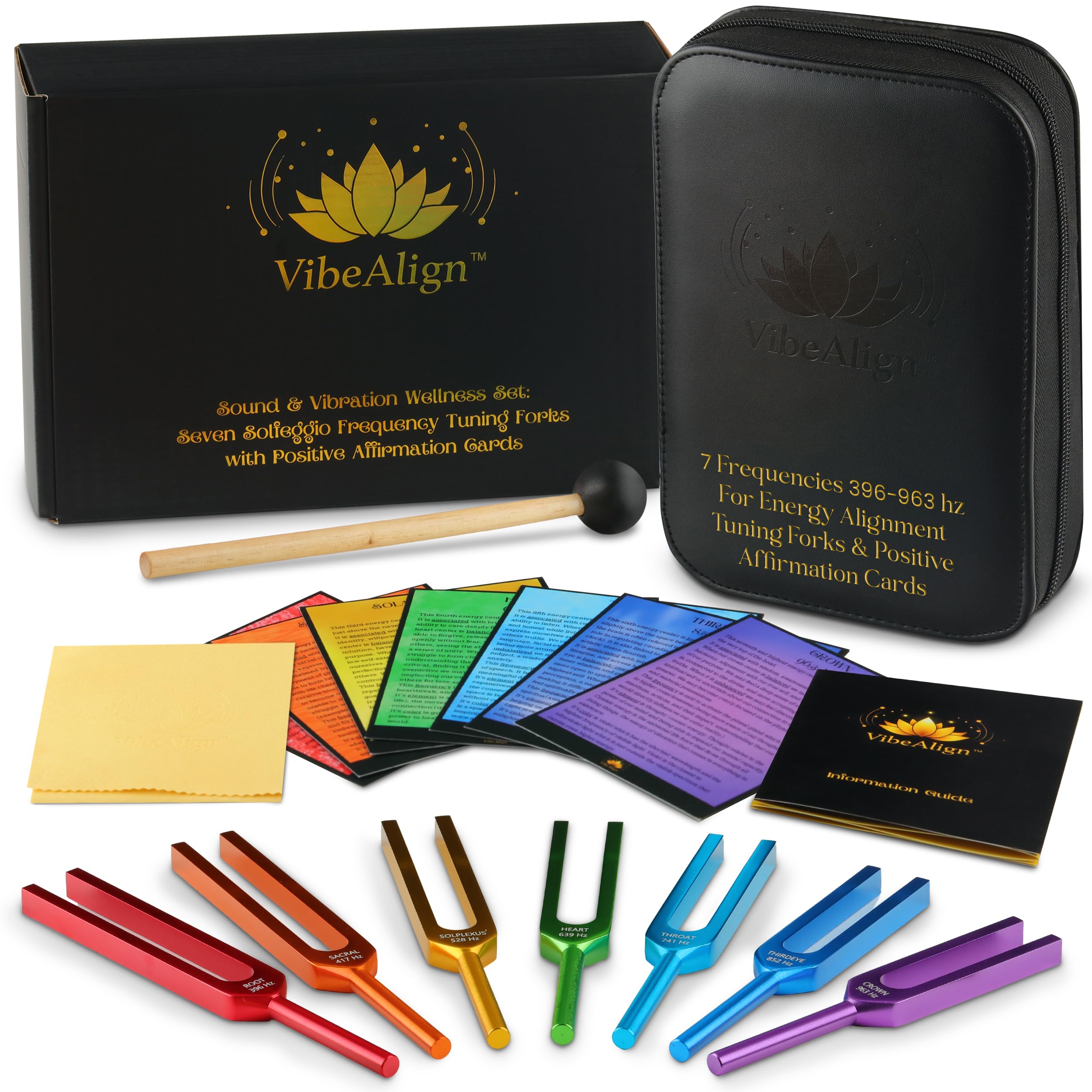 Stimmgabel-Set mit positiven Bestätigungskarten für Vibration und Frequenz Wellness, 7-teiliges Solfeggio-Frequenz-farbcodierte Klanginstrumente mit Schutzhülle, Schlägel, Tuch und Anleitung
