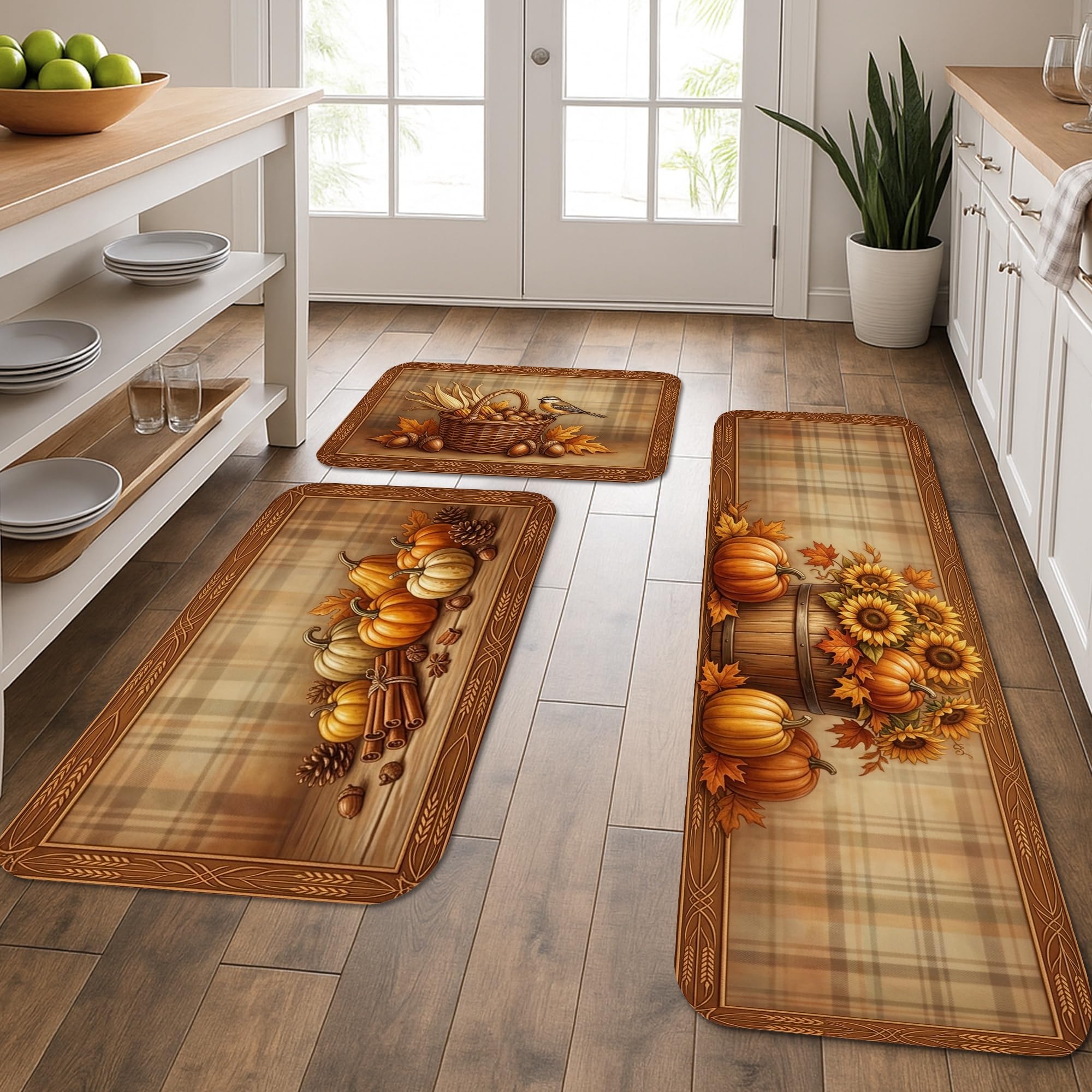 Tapis de cuisine motif tournesol marron automne confortable et lavable en lot de 3
