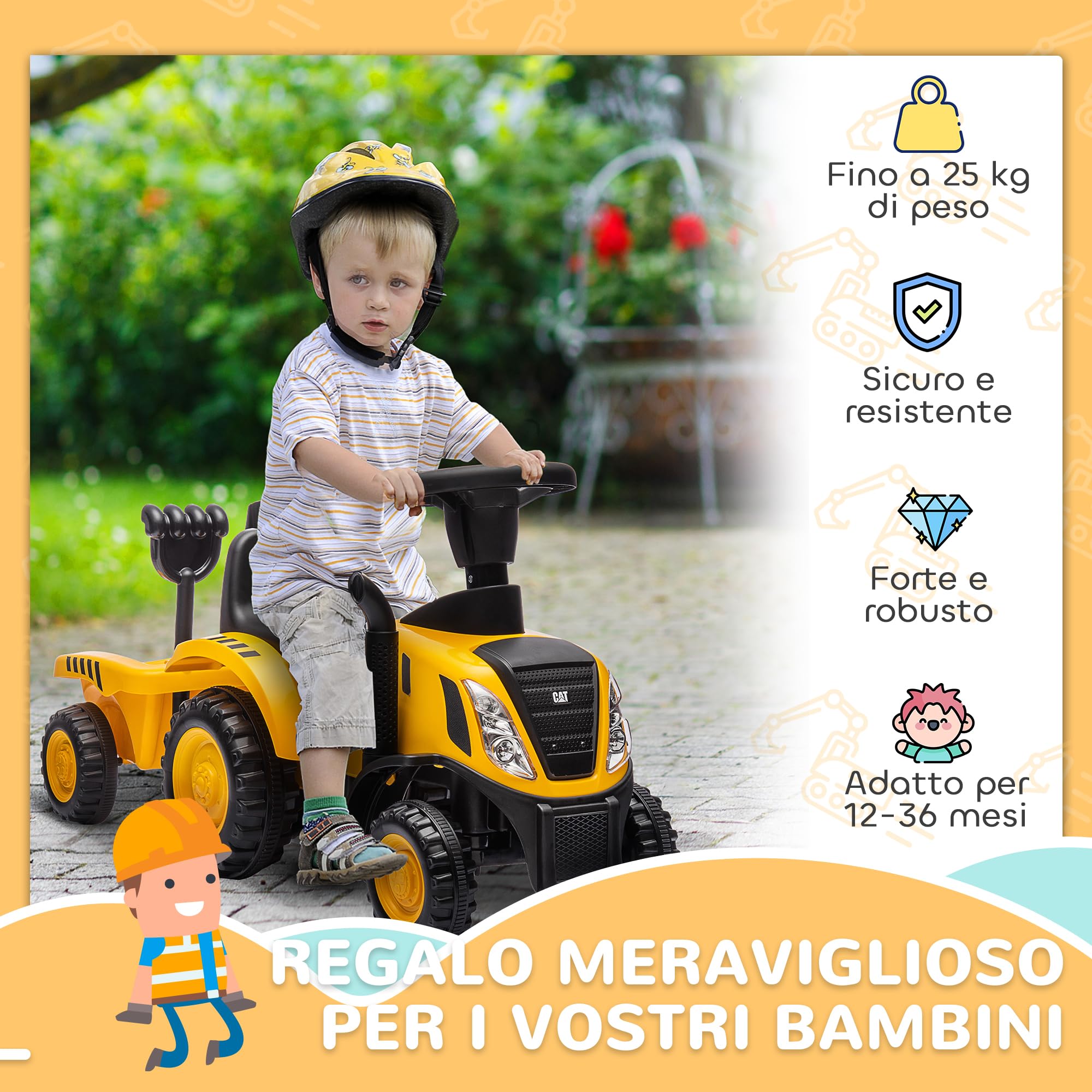 AIYAPLAY Camion Giocattolo per Bambini 12-36 Mesi con Pala e Rimorchio Integrati, Escavatore per Bambini Cavalcabile in PP e Metallo, 91x29x44 cm, Giallo