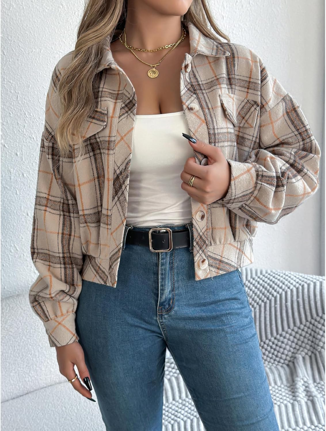 Womens Flannels Fall Cropped Shacket Jacket Fashion Plaid Button Down Shirt Winter Coat Tops