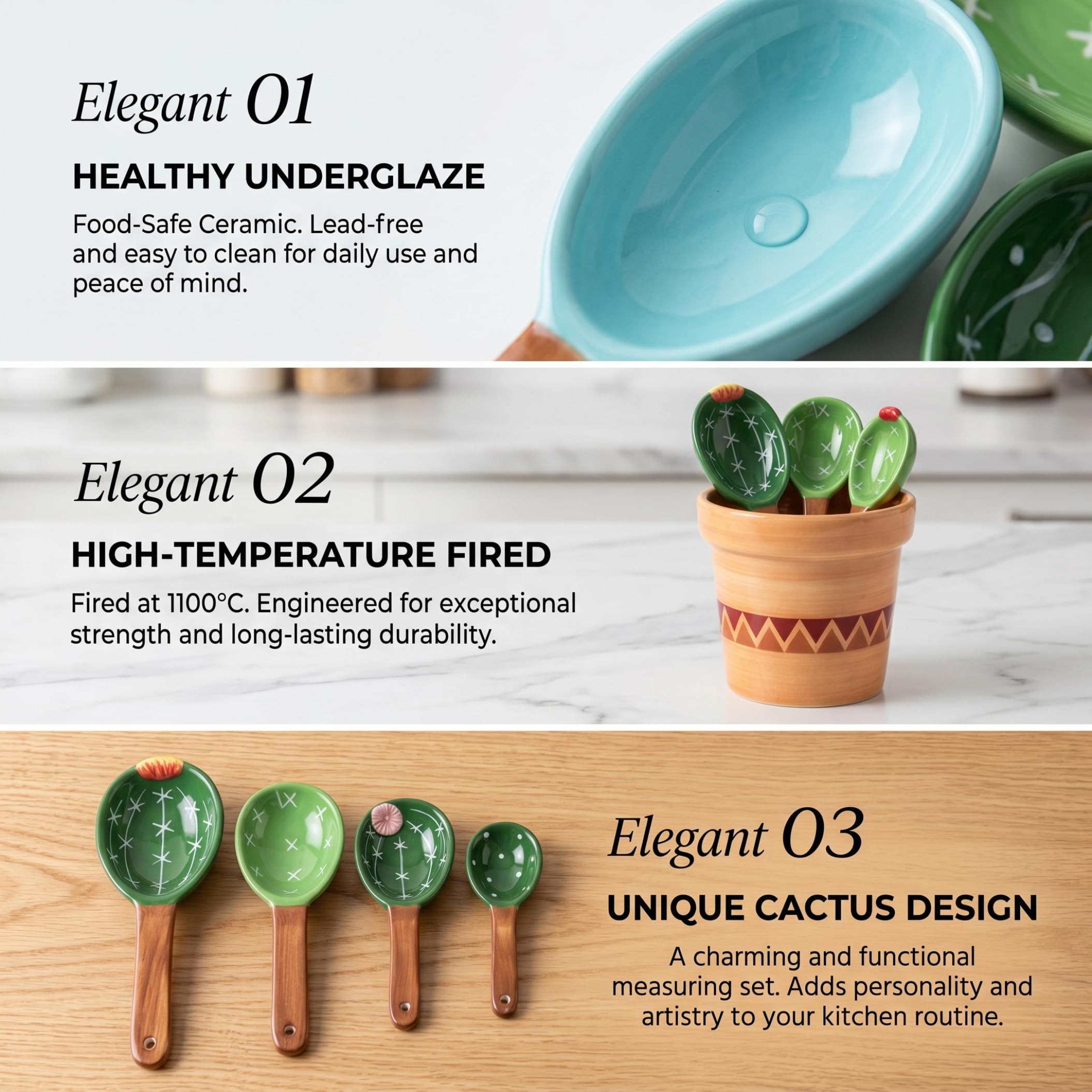 Juego de 5 cucharas medidoras bonitas y tazas medidoras bonitas, herramienta para hornear de cerámica de Cactus con taza de almacenamiento con diseño de ondas