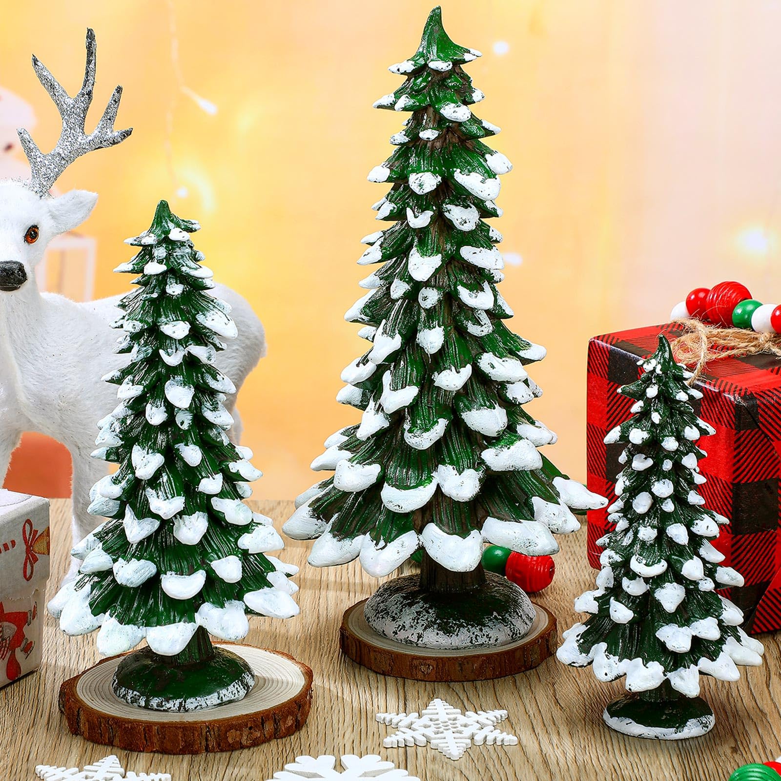 Shellwei 3 Pcs Christmas Tree Tabletop Decorations Winter Snow Resin Sign Ornament Tabletop White Resin Christmastree Centerpiece for Xmas Indoor Home Office Holiday Decoration