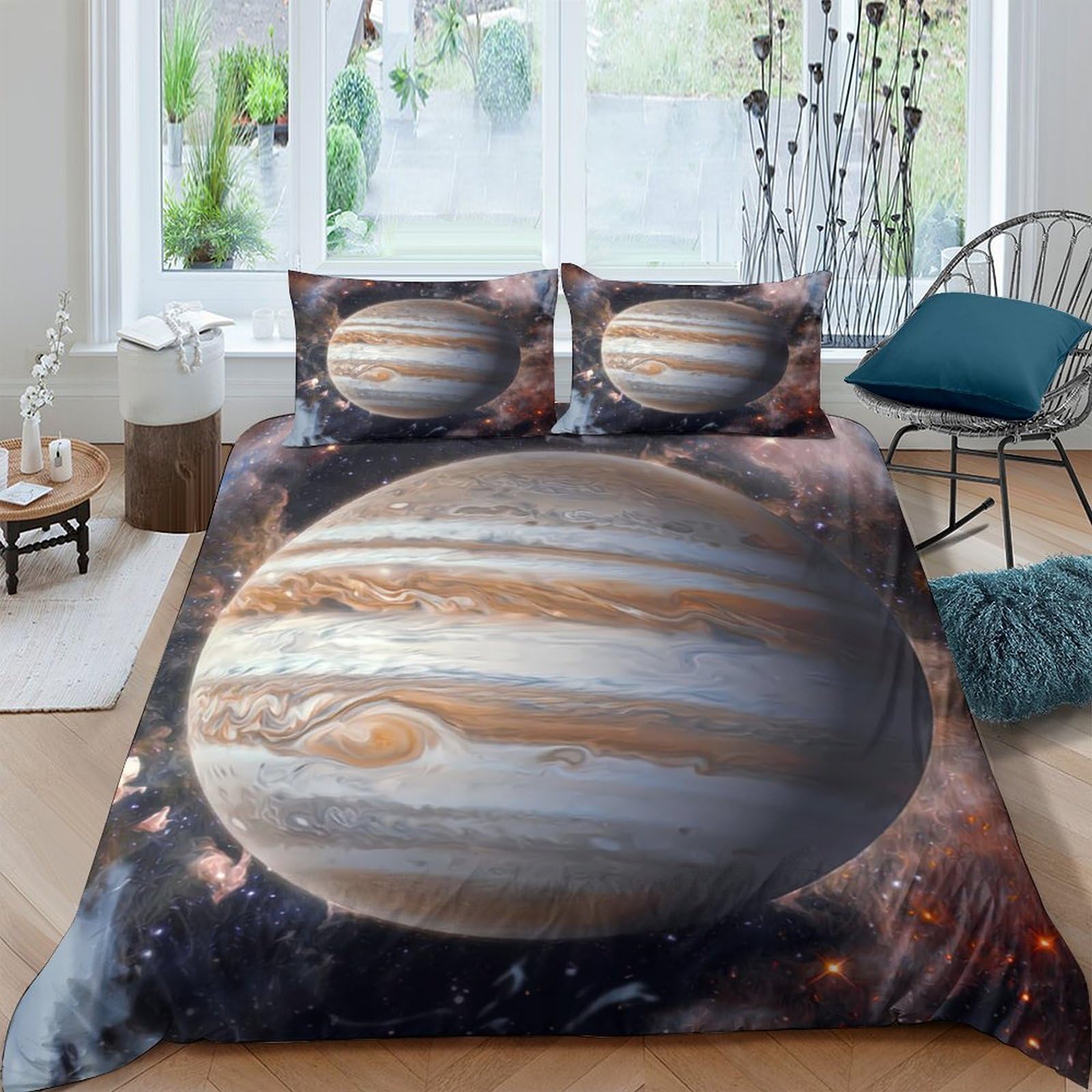 GPLZQXKJNH 3D Printed Jupiter Planet Duvet Cover Microfiber Soft Breathable Solar System Bedding Set with 2 Pillowcases for Bedroom Decor Single（135x200cm）
