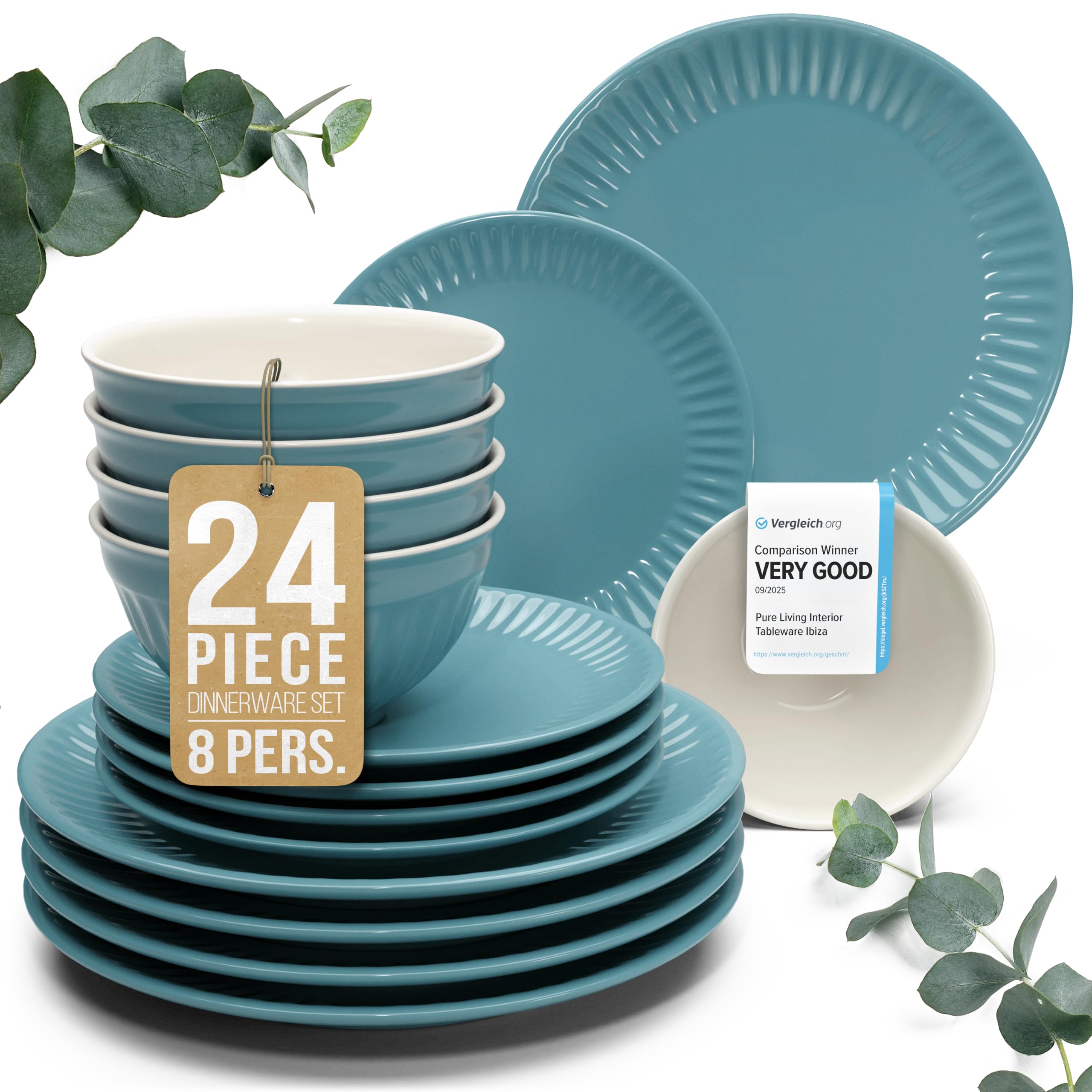 24 Piece Stoneware Dinnerware Set for 8, Handcrafted Plates and Bowls Set