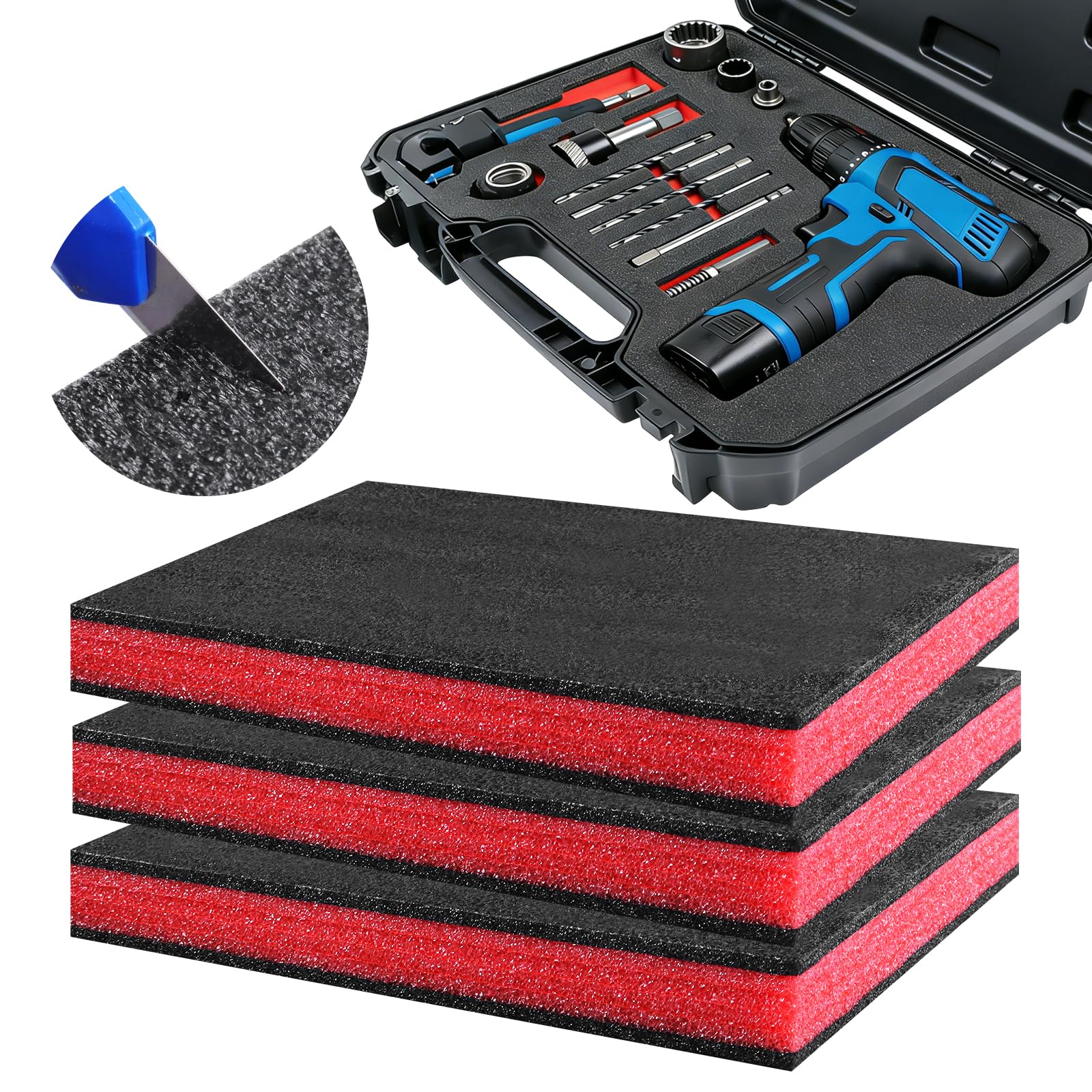 Foglio di Schiuma 3 Pezzi 40×30×4 cm Inserti per Cassetta degli Attrezzi Schiuma Polyetilene Tagliabile