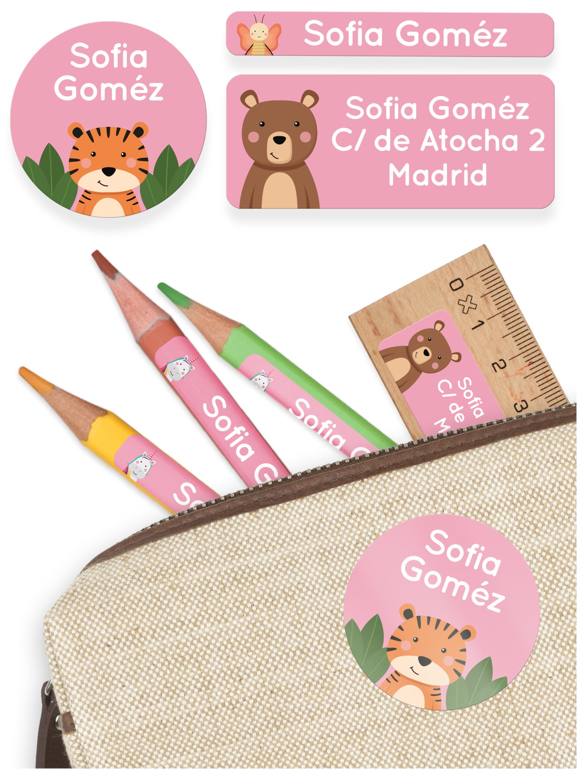 melu kids® Set etiquetas personalizadas para objetos de niños (100 piezas) - Etiquetas adhesivas personalizadas guardería y escuela - Pegatinas nombre impermeable y en diferentes tamaños - Rosa