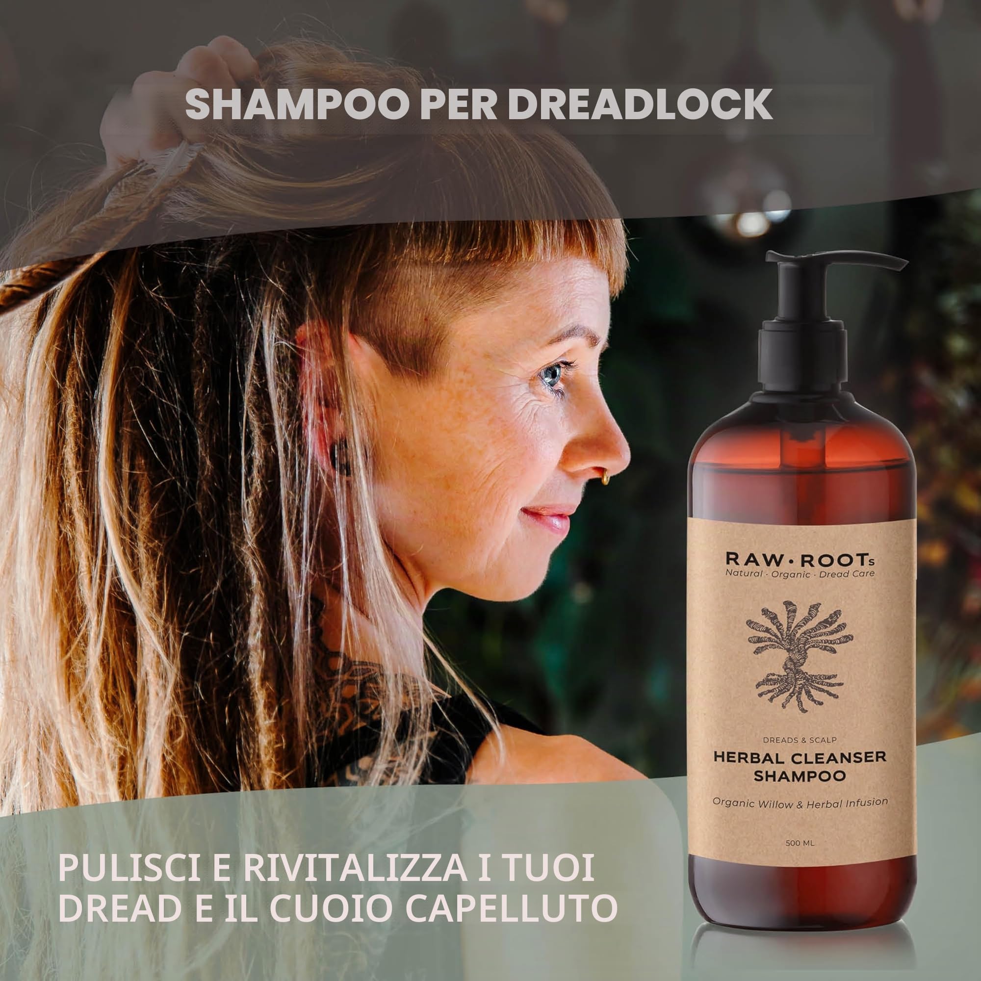 RAW ROOTs Herbal Cleanser 500 ml – Herbal Essence Shampoo per dreadlocks e capelli naturali e grassi – Shampoo senza solfati di silicone e parabeni