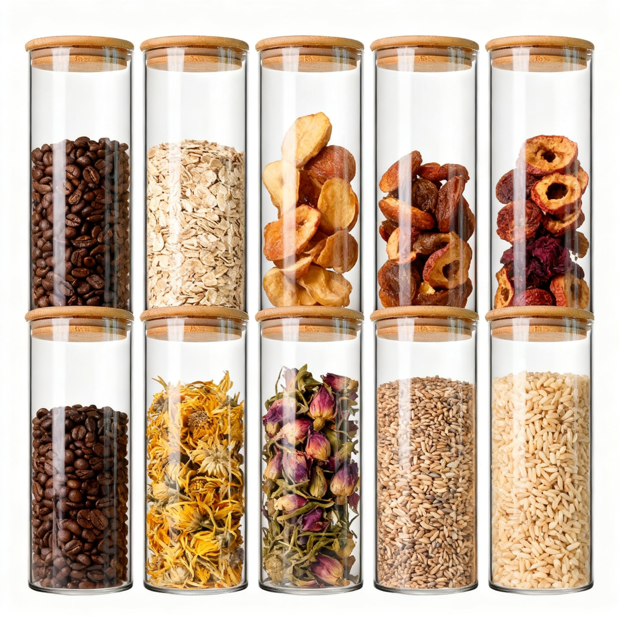 pantrytine 0.8L Glass Jars with Bamboo Lids, Storage Containers Set of 10