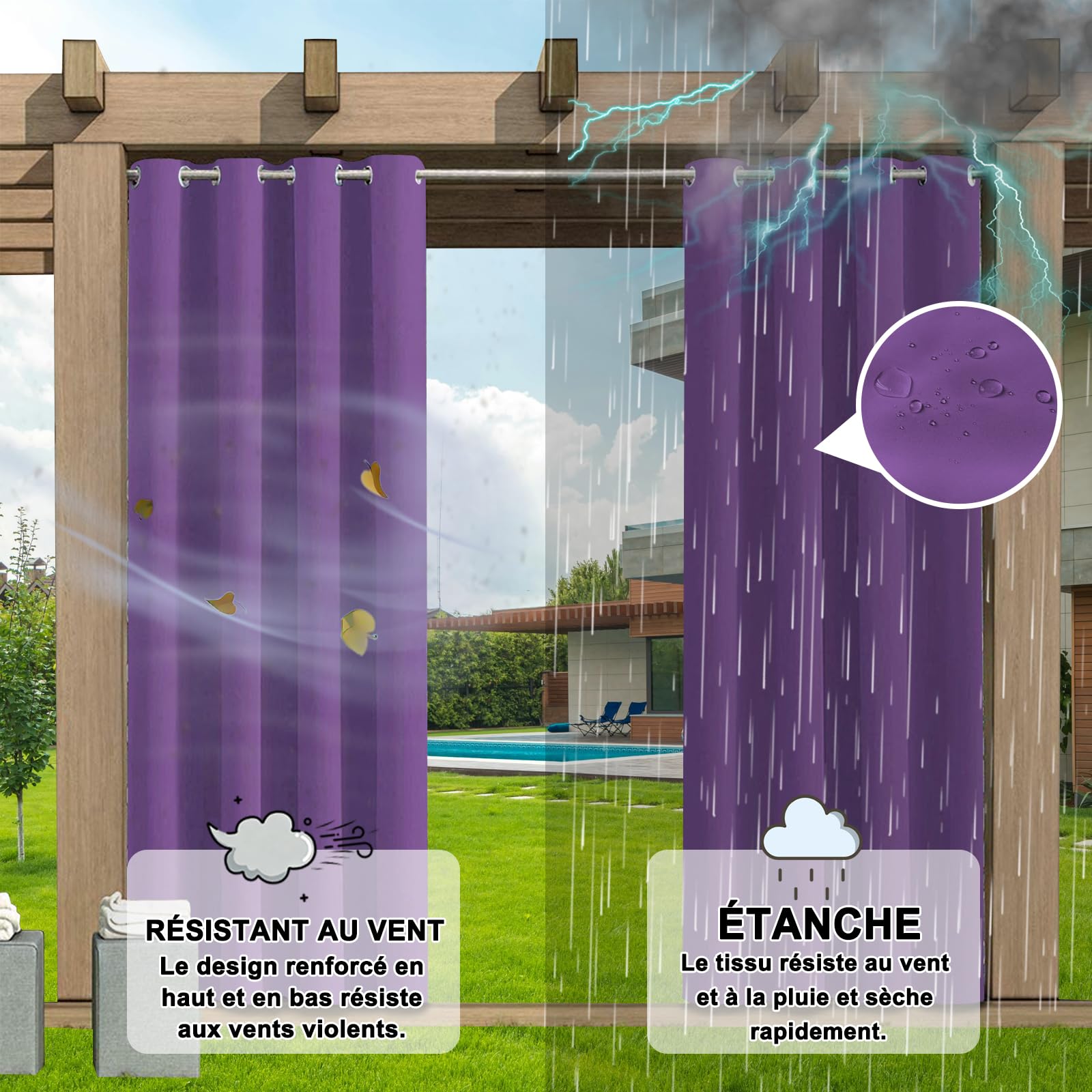 Bloc thermique imperméable pour extérieur – 1 pièce à œillets pour l'intimité de la terrasse – 132 x 275 cm – Parfait pour protéger du soleil et de la terrasse