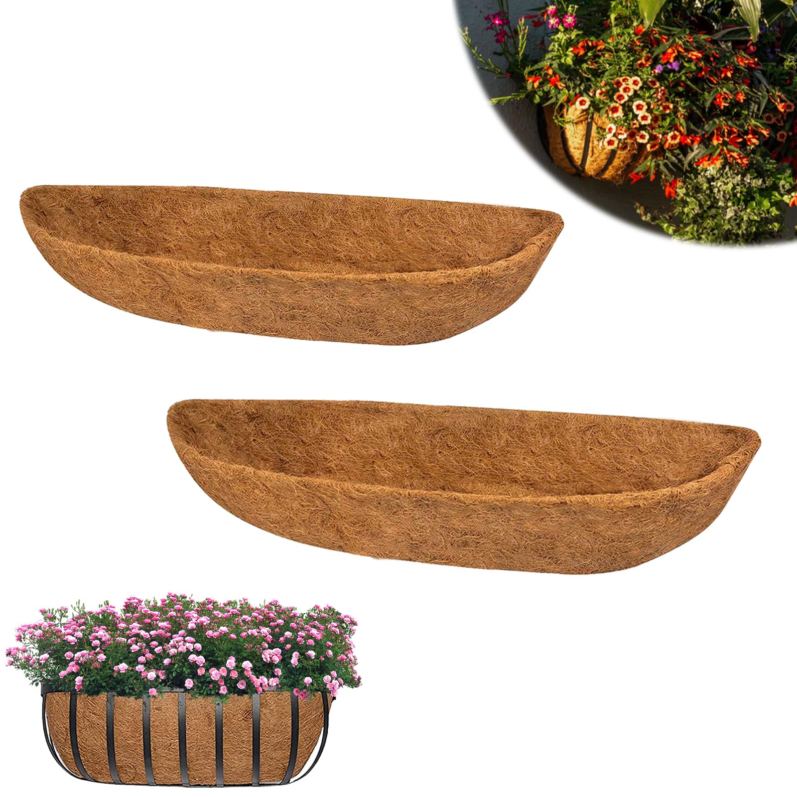Hoxgar 2PCS Hanging Basket Liners, 36 Inch Coco Coir Trough Planter Liner