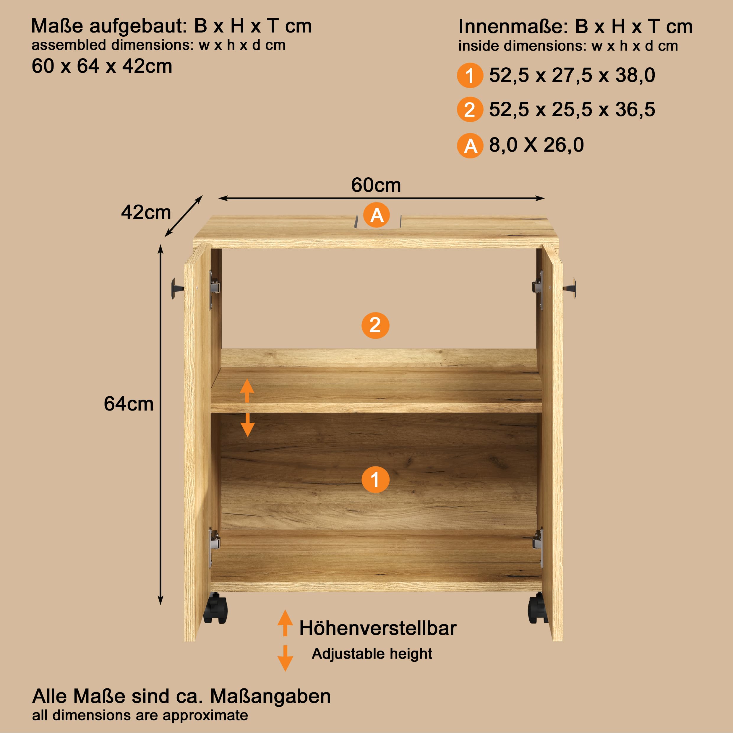 trendteam smart living - PureBliss - Waschbeckenunterschrank auf Rollen - Evoke Eiche - Rillenoptik - 1 Einlegeboden - (BxHxT) 60 x 64 x 42cm - edle Metallgriffe - kratzfest