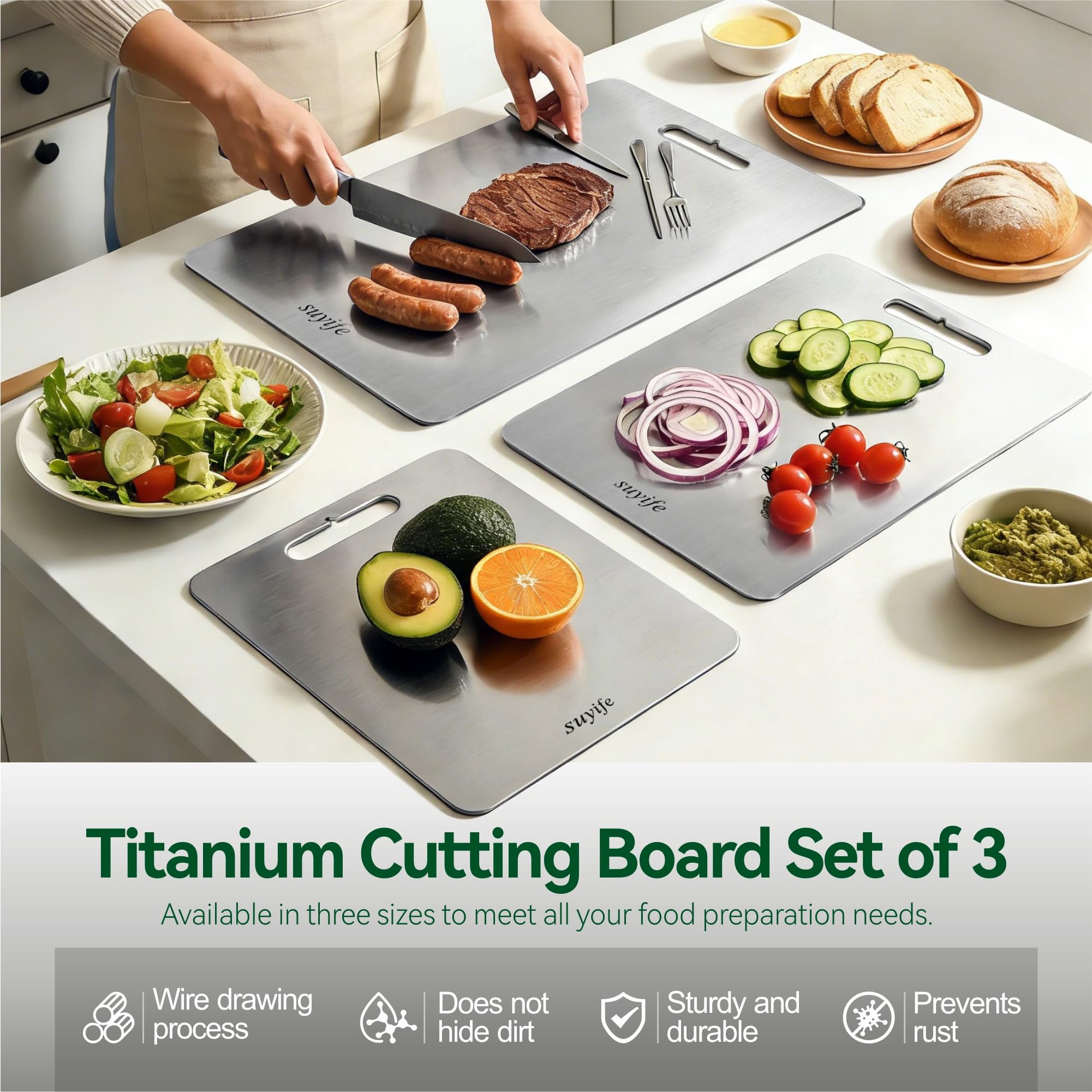 Juego de 3 tablas de cortar de titanio 100% puro para cocina, tabla de cortar de doble cara de grado alimenticio para cortar carne, verduras, frutas, aptas para lavavajillas