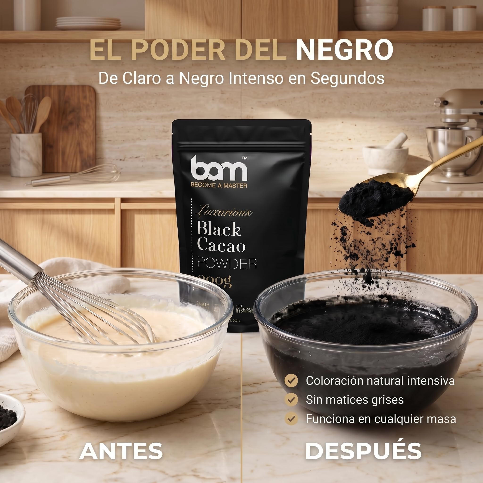 BAM Cacao Negro en Polvo 200 g, Cacao Puro y Desgrasado sin Azúcar para Repostería – Sin Gluten, Vegano