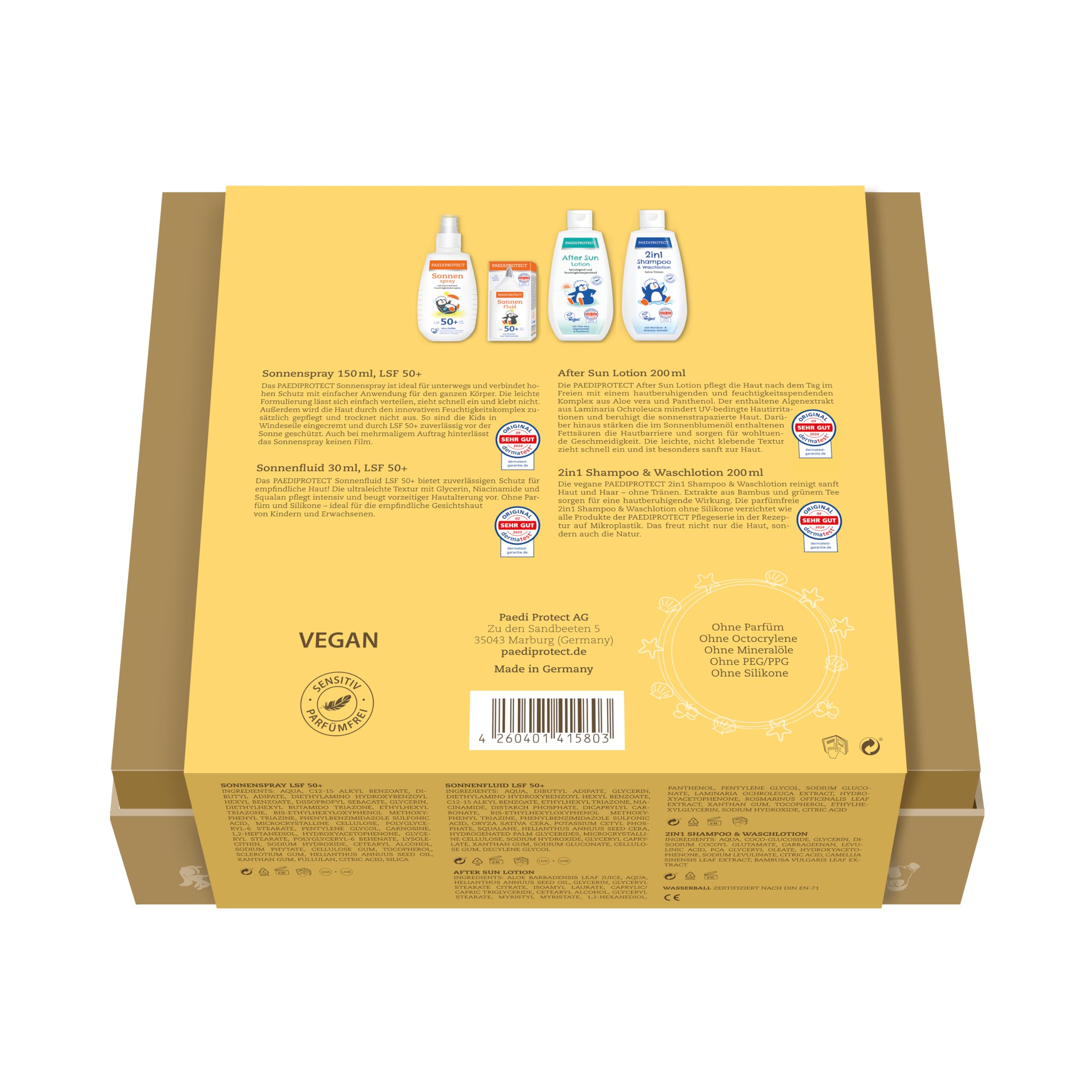 PAEDIPROTECT set estivo per neonati e bambini prodotti per la protezione solare e la cura della pelle, incl. 2x crema solare marina, 1x crema solare per il viso, 1x shampoo e lozione 2in1, 1x lozione