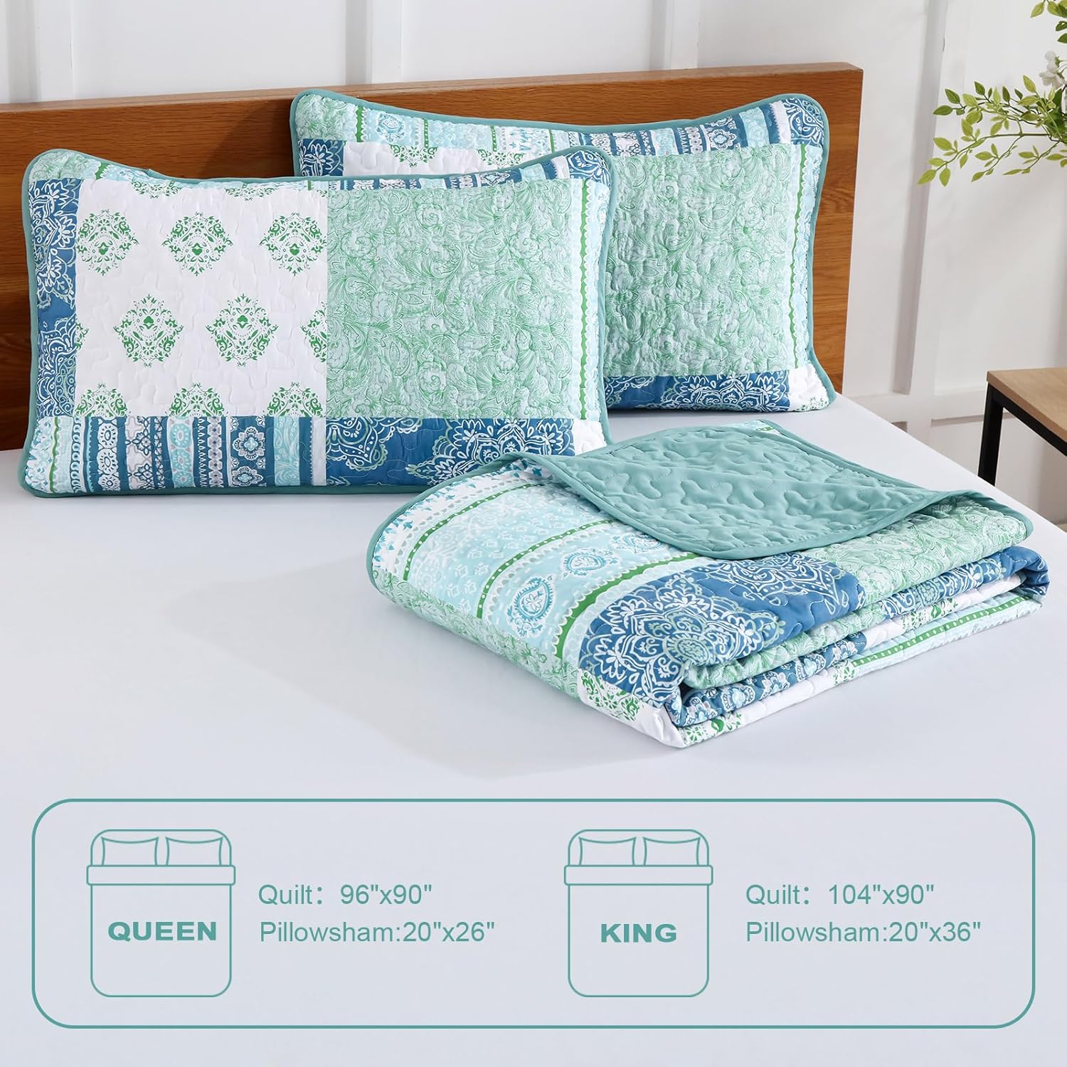 Dintszyayue Green Patchwork Quilt Set Queen Size 3 Piece Boho Plaid Coverlet Set Soft Microfiber Bedspread Queen Lightweight Bedspread Bed Cover for All Season,1 Quilt and 2 Pillow Shams-96 x90 - Image 8