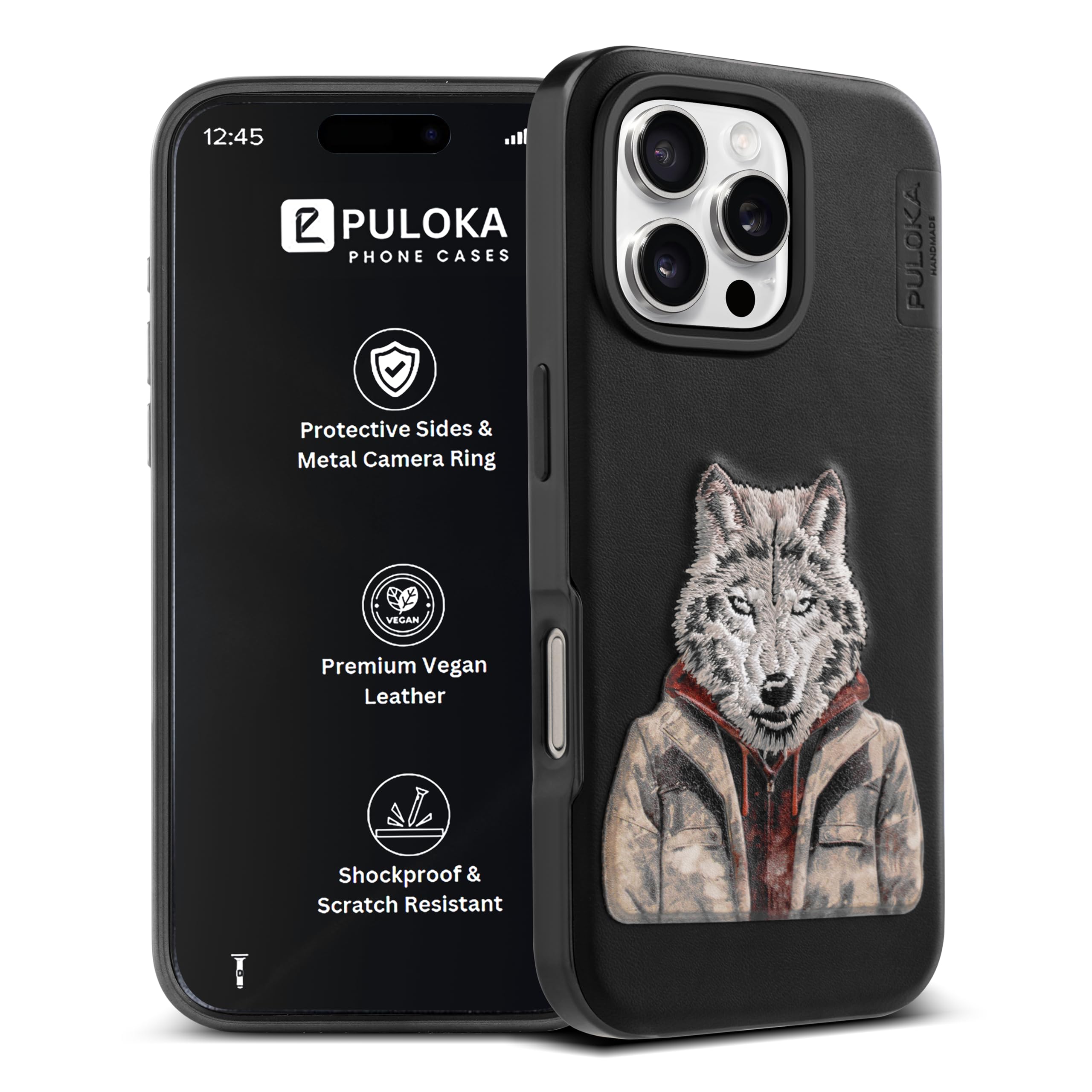 PULOKA iPhone 16 Pro Wolf Embroidery Leather Case -1