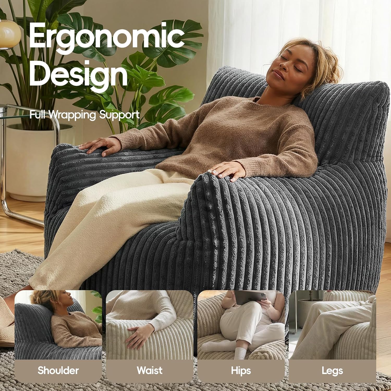 Giant Bean Bag Chair Sofa for Adults & Teens, Upgraded High Support Cushion with Solid Block Foam, Comfy Corduroy Lazy Sofa with Armrests for Living Room Bedroom Gaming Room (Gray)