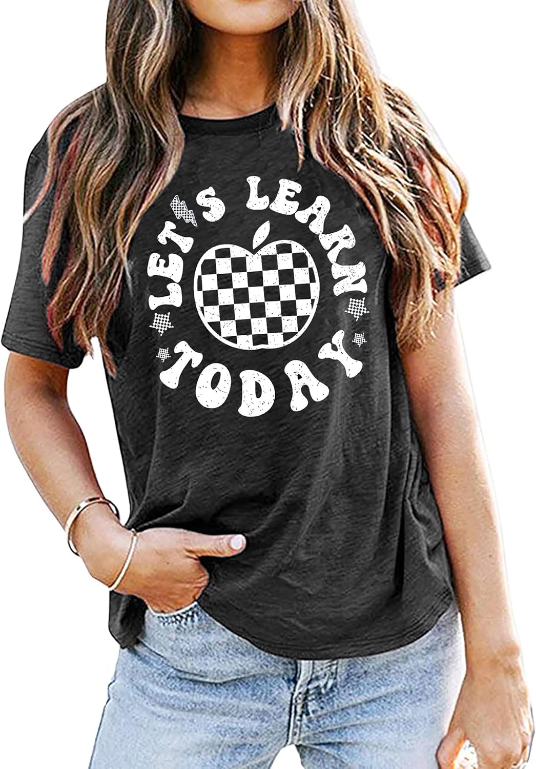 ASTANFY Let's Learn Today Teacher Shirts Women Back to School Teacher Life T-Shirt Teacher Gift Casual Graphic Tees - Image 2