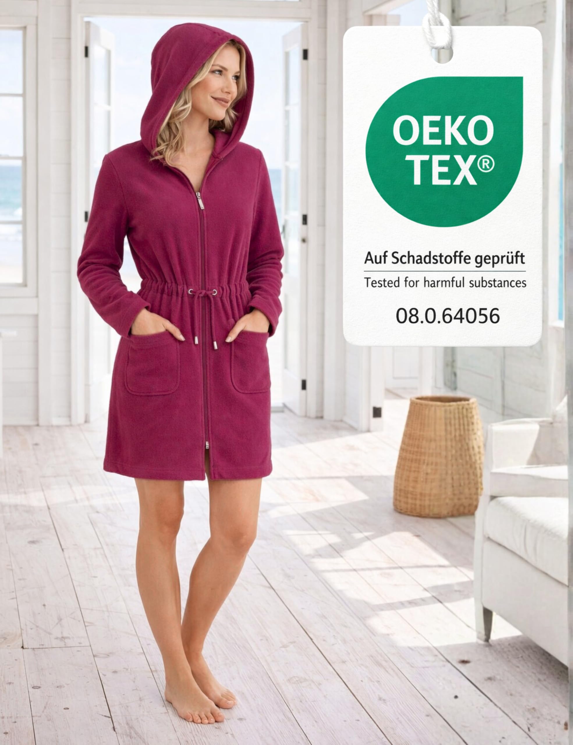Morgenstern Accappatoio Donna Cerniera Cappuccio Corta Oeko-Tex Emily