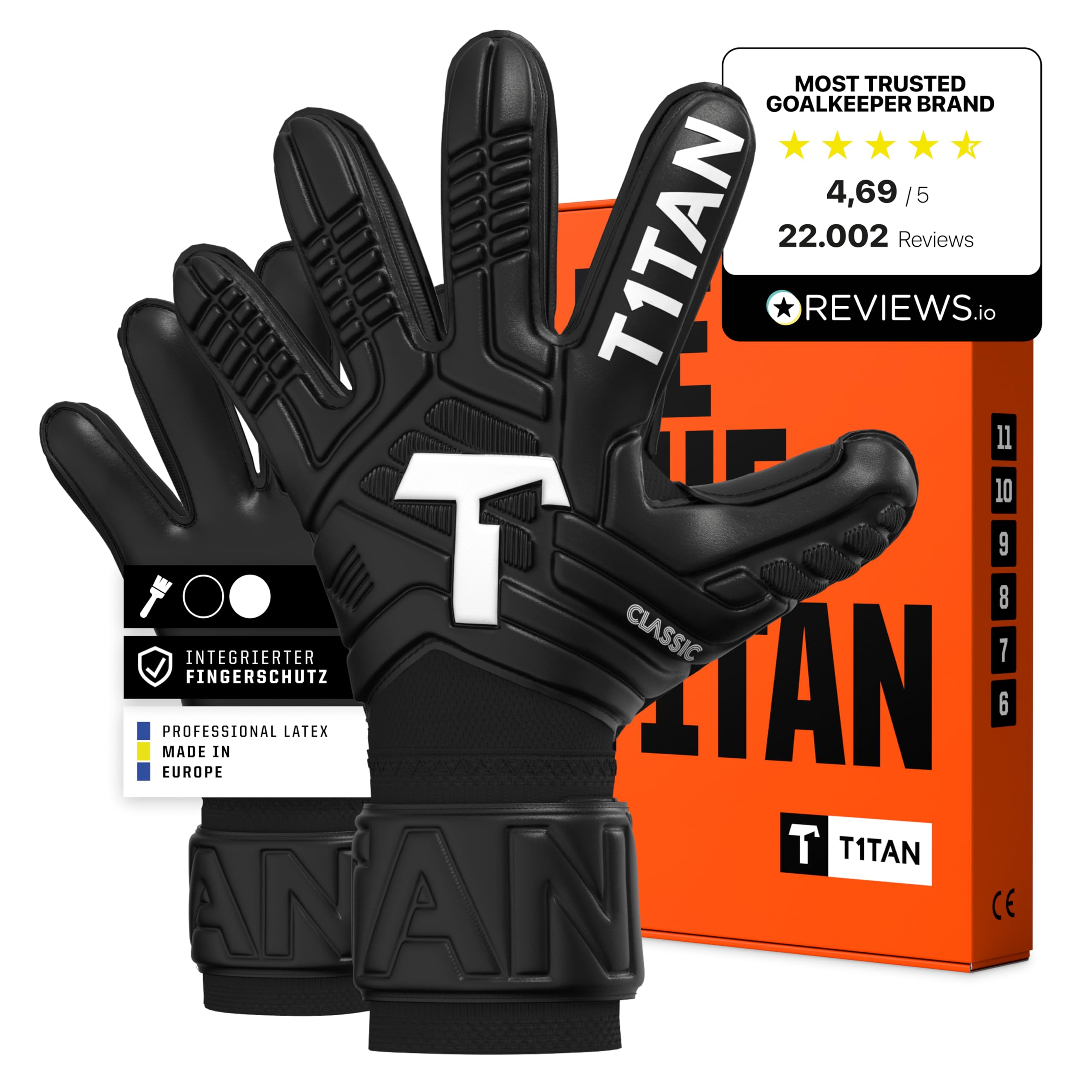 T1TAN Training Torwarthandschuhe Kinder, Herren Classic White Out, Fingerschutz Gr. 4-11, Torhüterhandschuhe Erwachsene, Tormannhandschuhe Jugendliche, Torwarthandschuhe Kinder, 5-15+ Jahre