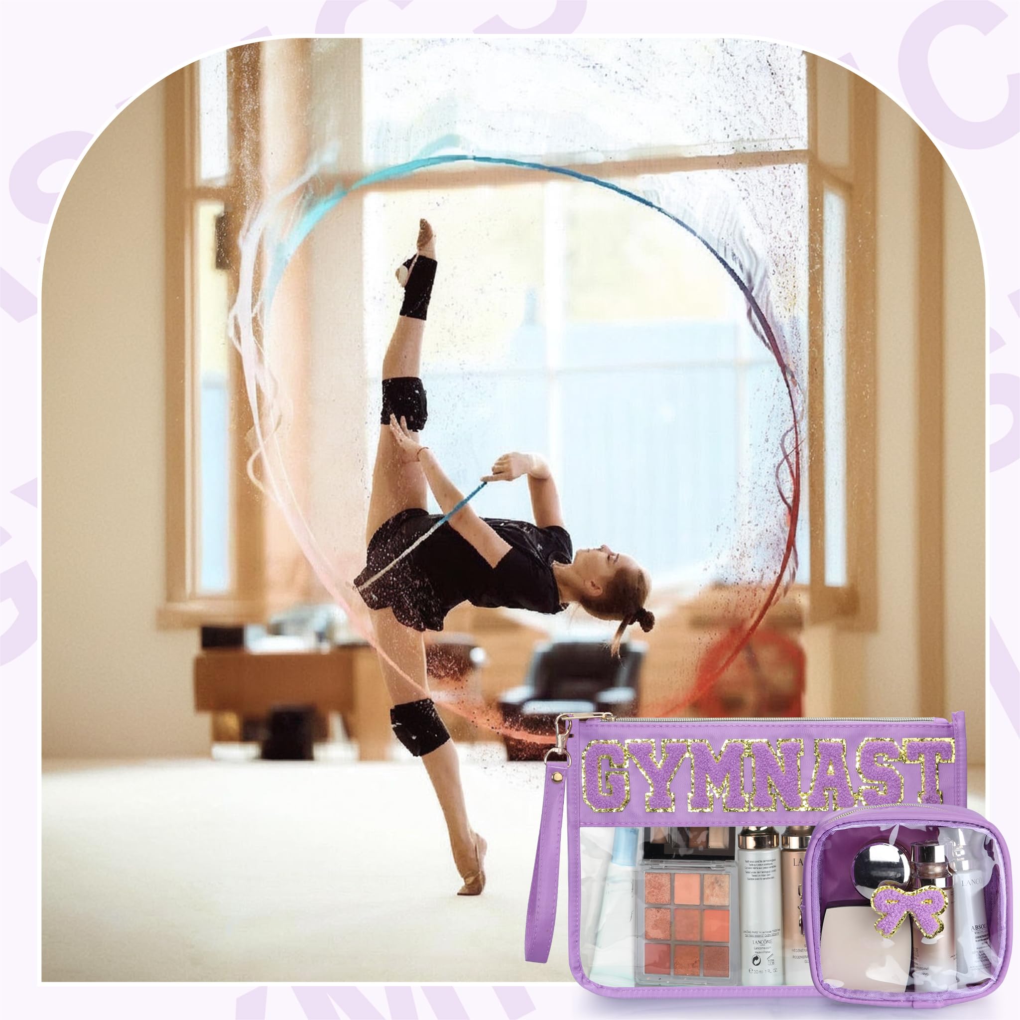 2 Pcs Gymnastics Gifts Cosmetic Makeup Bag with Chenille Letter Patch, Clear Pouch PVC Organizer Purse, Waterproof Travel Bag, Portable Toiletry Storage Bag for Her Girls Friends Women