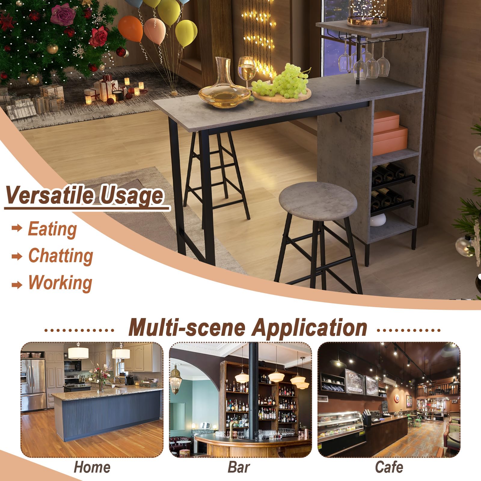 LIFEZEAL Juego de Comedor con 2 taburetes de Bar, Barra de Cocina con 2 sillas Altas, Mesa de Bar con peldaños Abiertos, botellero para Copas de Vino, para Cocina, salón y Bar (Gris)
