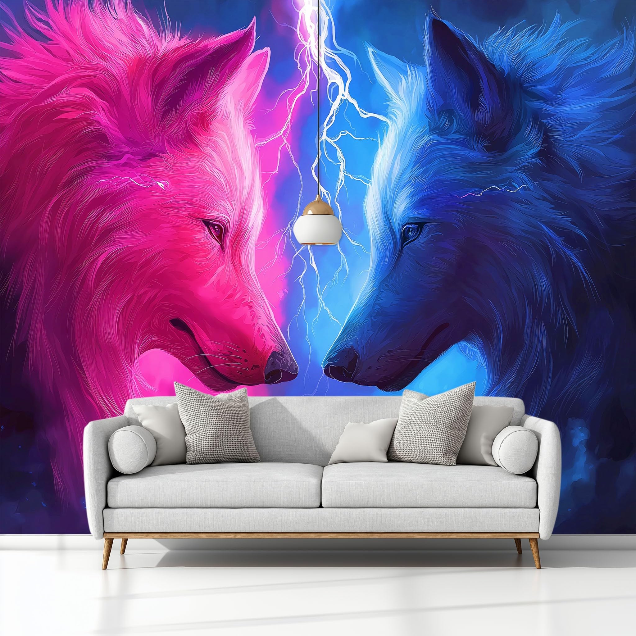 Générique Panoramiczna tapeta fantazyjne zwierzęta wilk błyskawica niebieski puder plakat ścienny z włókniny 350 x 256 cm dekoracja ścienna do salonu, sypialni, biura i tła telewizora