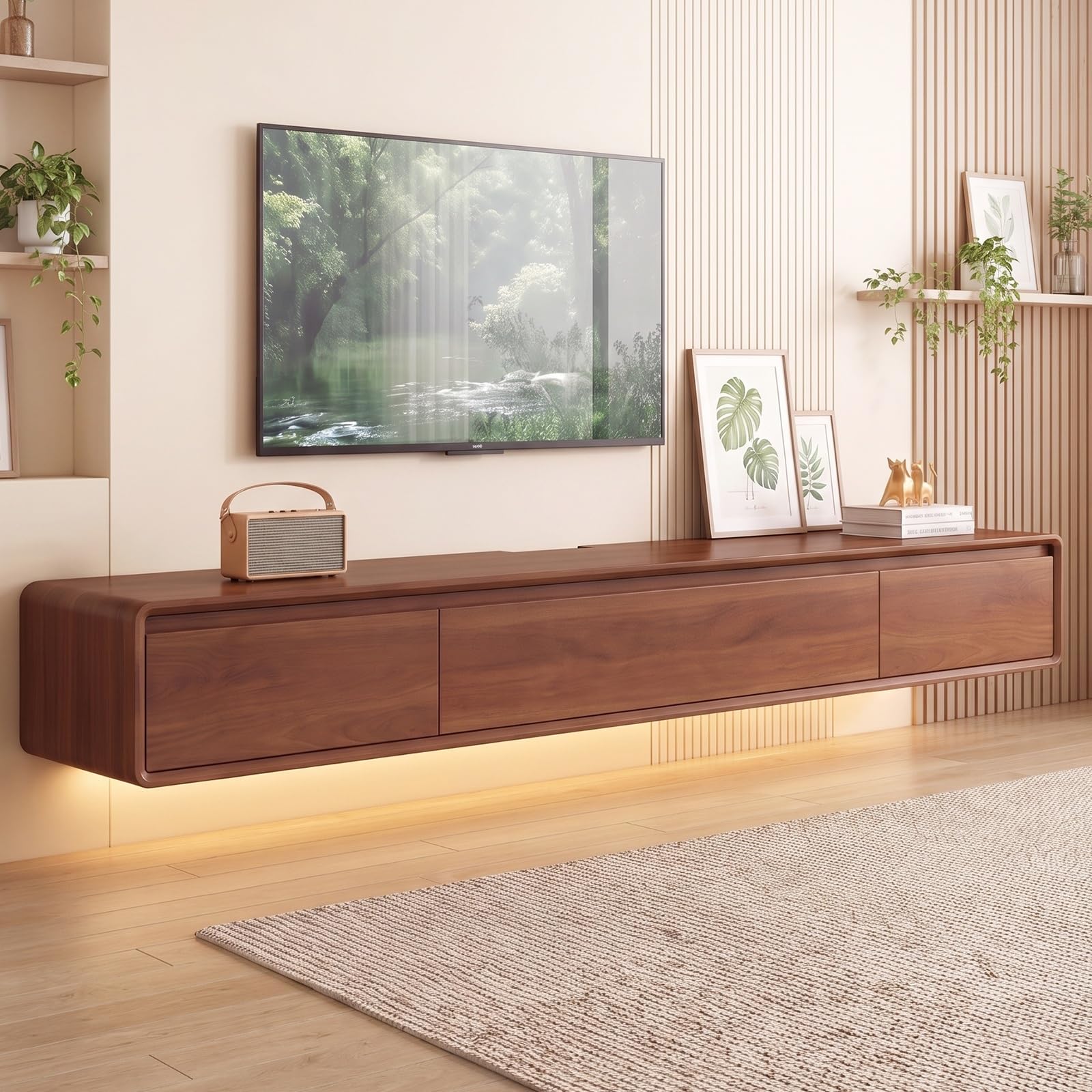 Mueble de TV de Madera Maciza,Mueble de TV Flotante, Mueble Bajo de Pared para TV, Adecuado para el Salón y el Dormitorio,Nogal 200CM-LED