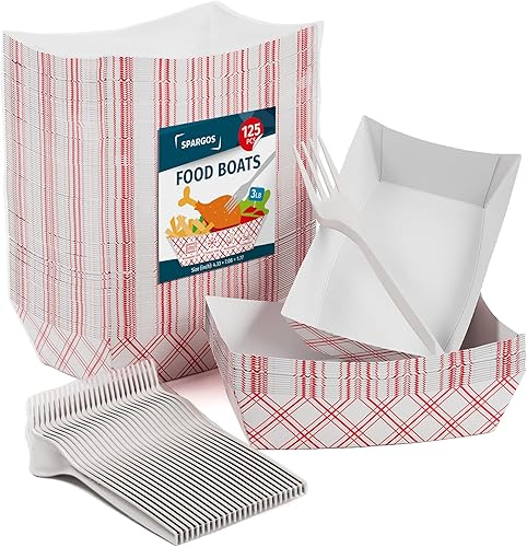 Food Boats (paquete de 125) 3 libras, rojo y blanco y 125 tenedores gratis, bandejas de papel para alimentos a prueba de fugas y aptas para