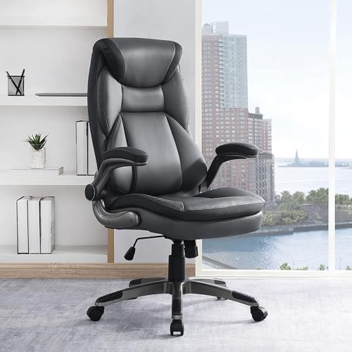 Miniatura 12 de Office Star ECH Series - Silla de oficina ejecutiva de cuero regenerado con soporte lumbar y brazos acolchados ajustables en altura, carbón con base