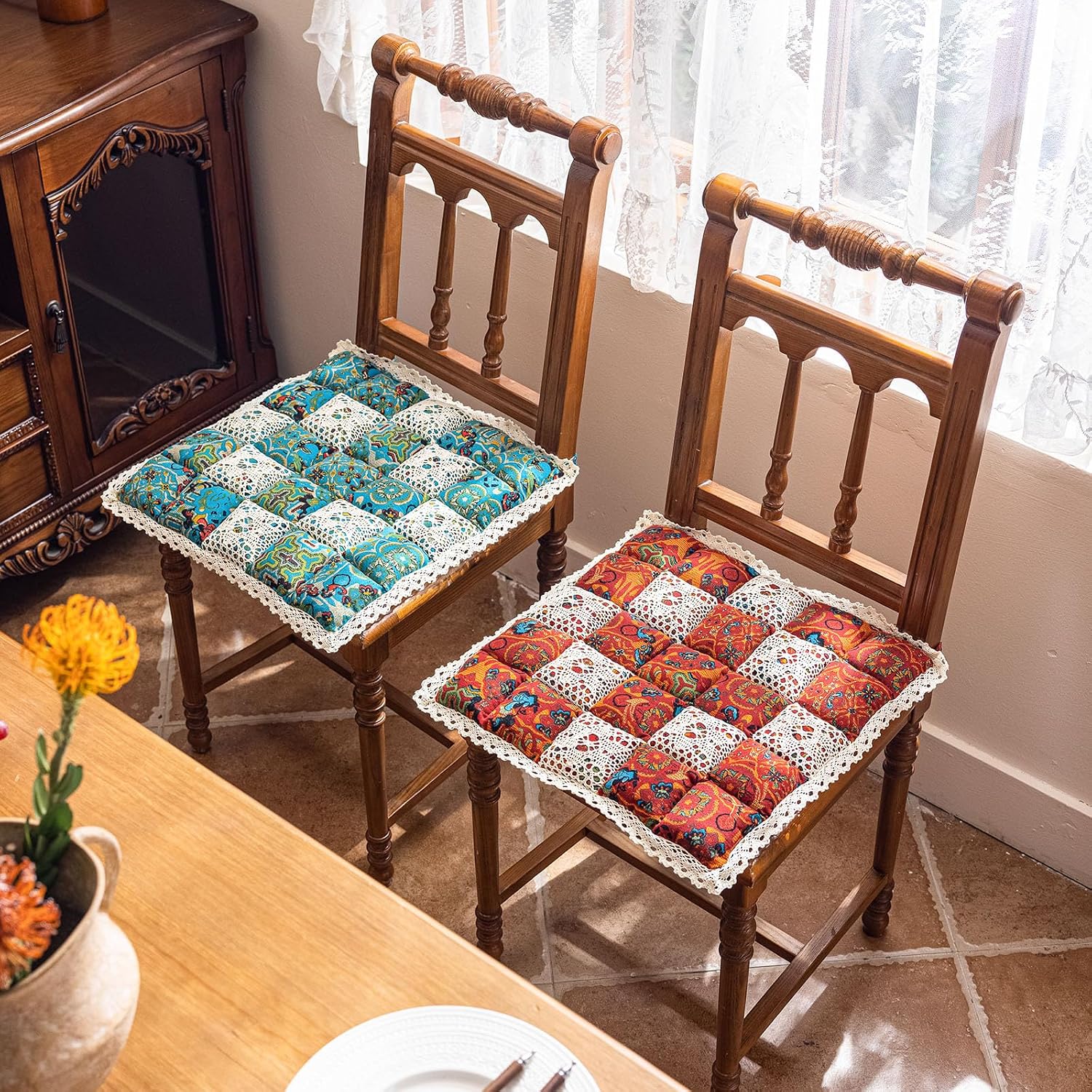 vctops Boho Patchwork Quilted Chair Cushions with Ties Cotton Linen Floral Print Lace Trim Chair Pads No Slip Backing Seat Cushions for Indoor Dining Room and Kitchen Chairs (Turquoise,16"x16")