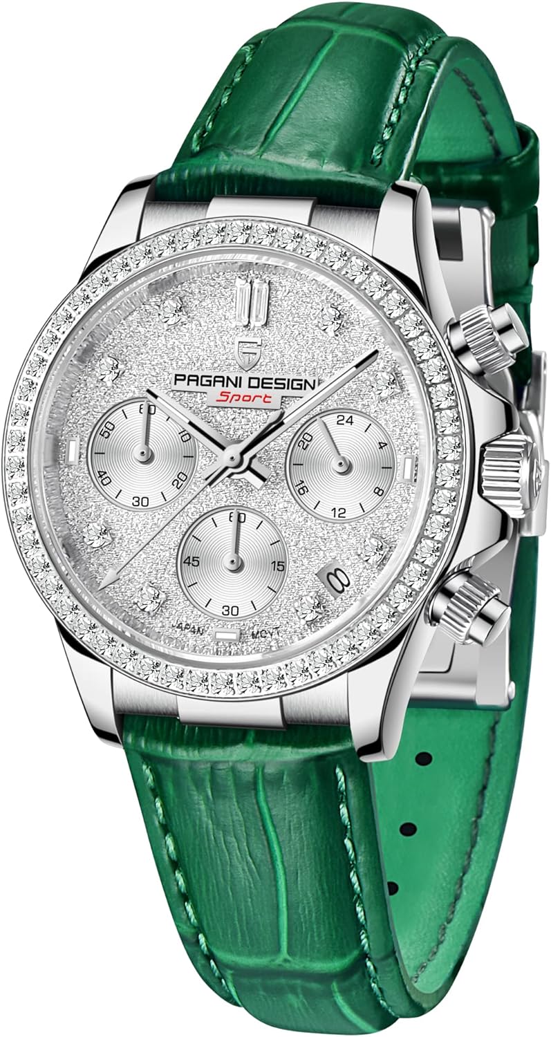 TYBERLEY Pagani Design Luxury Women's Quartz Chronograph Watches Diamond Stainless Steel Synthetic Sapphire Leather Strap Waterproof Luminous Multifunctional Sport Watch Date Display
