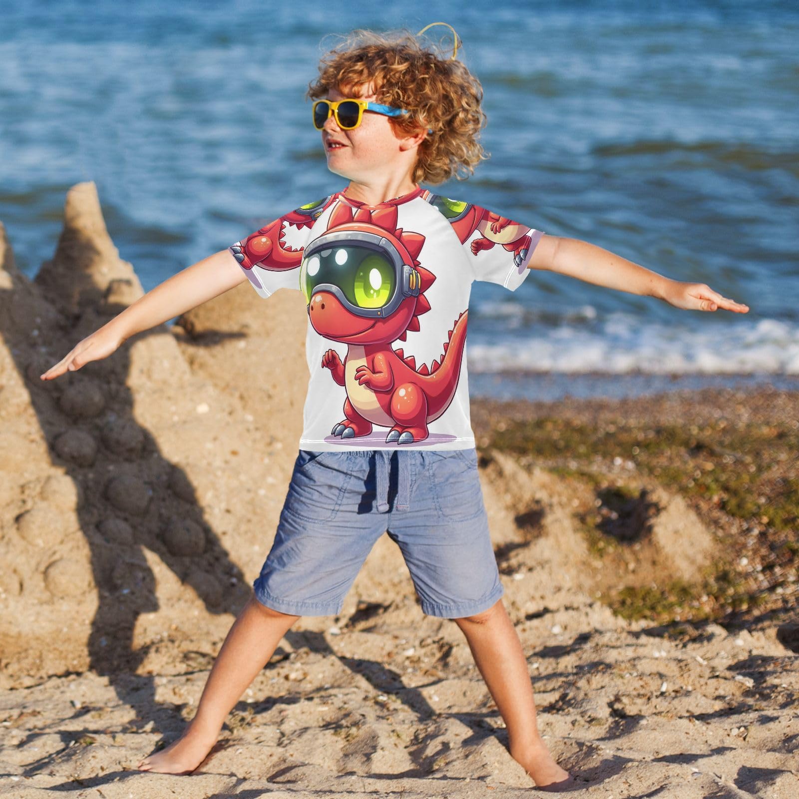 Boys Sun Shirts UV Protection Short Sleeve Rash Guard Swim Shirt Cartoon Dinosaurs Water Shirt Rashguard 7-8T,48