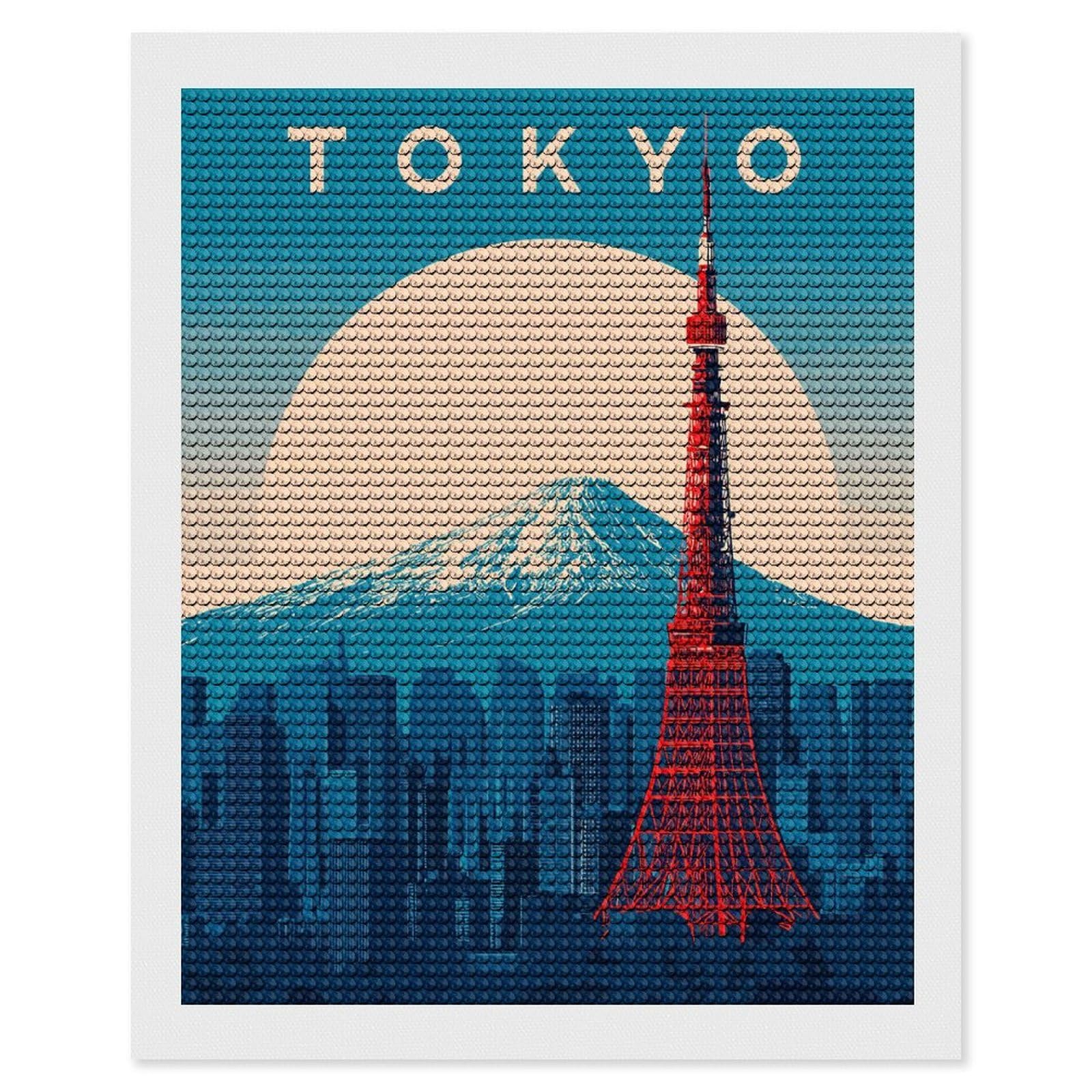 Junmoney Tokyo Cityscape with Mount Fuji(4) Diamond Painting Set 16"x20", Full Kit Included, Sparkling Round Gems, Farmhouse Decor, Festive Craft Gift