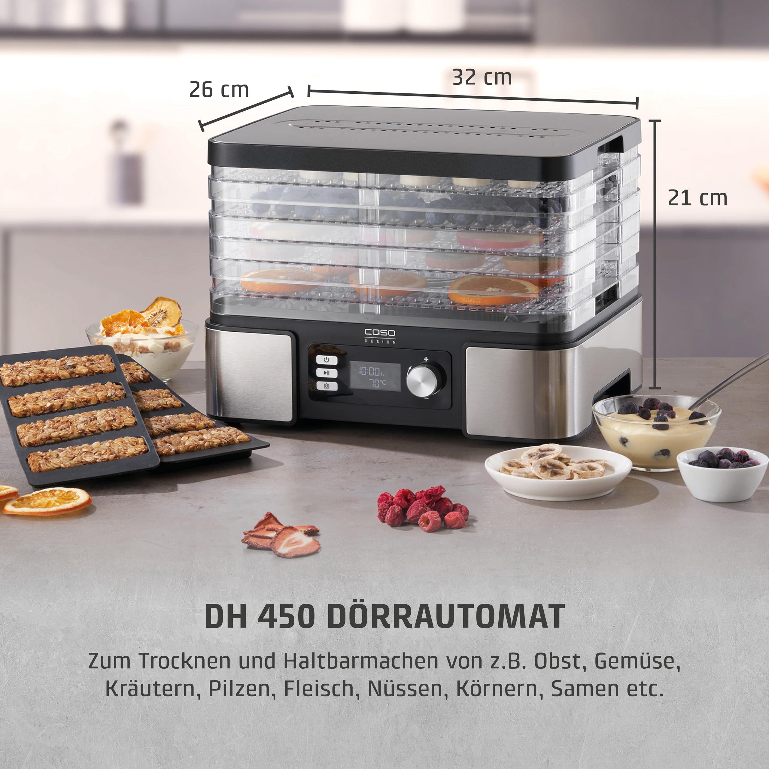Caso DH 450 Dörrautomat, Testsieger Haus & Garten Test, für z.B. Obst, Gemüse, Kräutern etc., Temperatur individuell einstellbar von 30 ‐ 70 °C, Timer einstellbar von 0,5 ‐ 48 h
