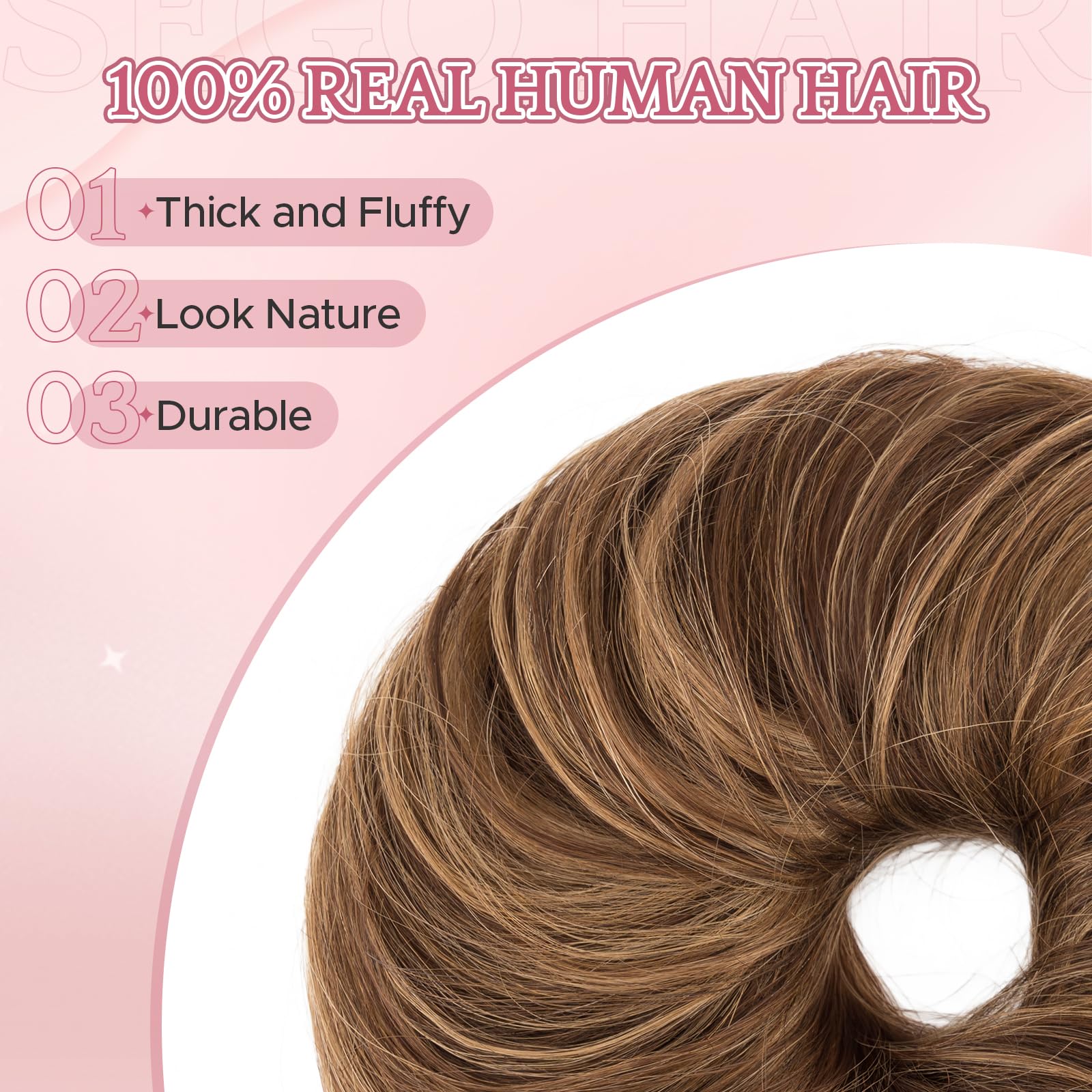 SEGOHAIR 17G Messy Bun Scrunchies Human Hair Curly Wavy Donut Hairpiece for Women Girls Medium Brown Mixed Dark Blonde Hair Bun Maker Elastic Real Remy Donuts Updo Chignon - Image 2