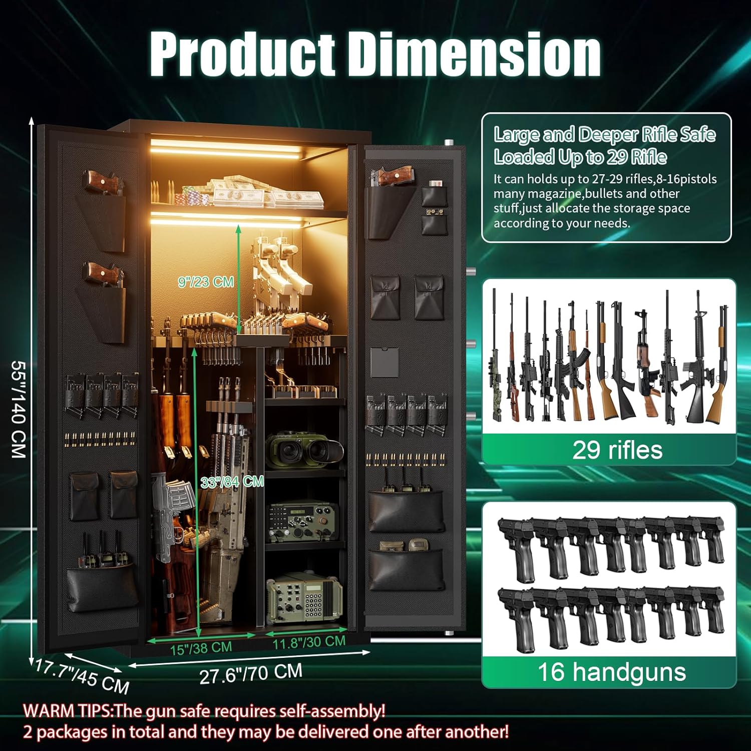 Large Rifle Safe, 30-40 Gun Safe for Rifle and Shotgun Double-Door/Rifle Pistol Rack/Storage Pocket/Removable Shelf/Silent Mode/External Battery/LED,180° Open Door Panel Organizer Unassembled Gun Safe