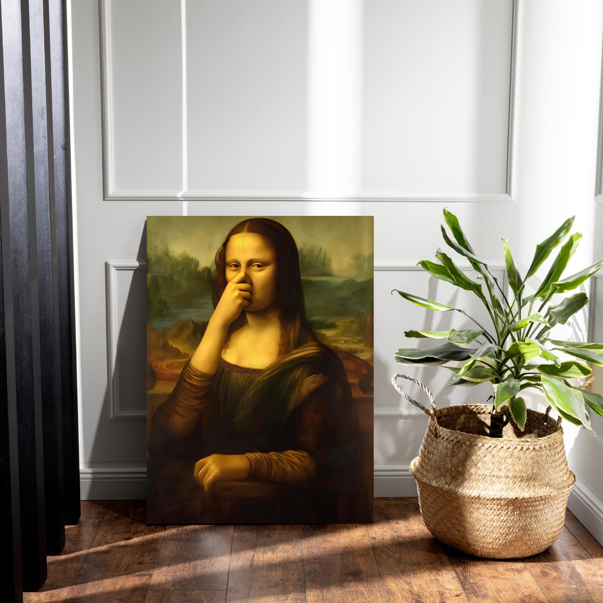 Mona Lisa Mona Lisa Zabawny plakat z papierem toaletowym i gestem zakrywania nosa - ironiczna dekoracja ścienna do łazienki (70 x 125 cm (28 x 49 cali)