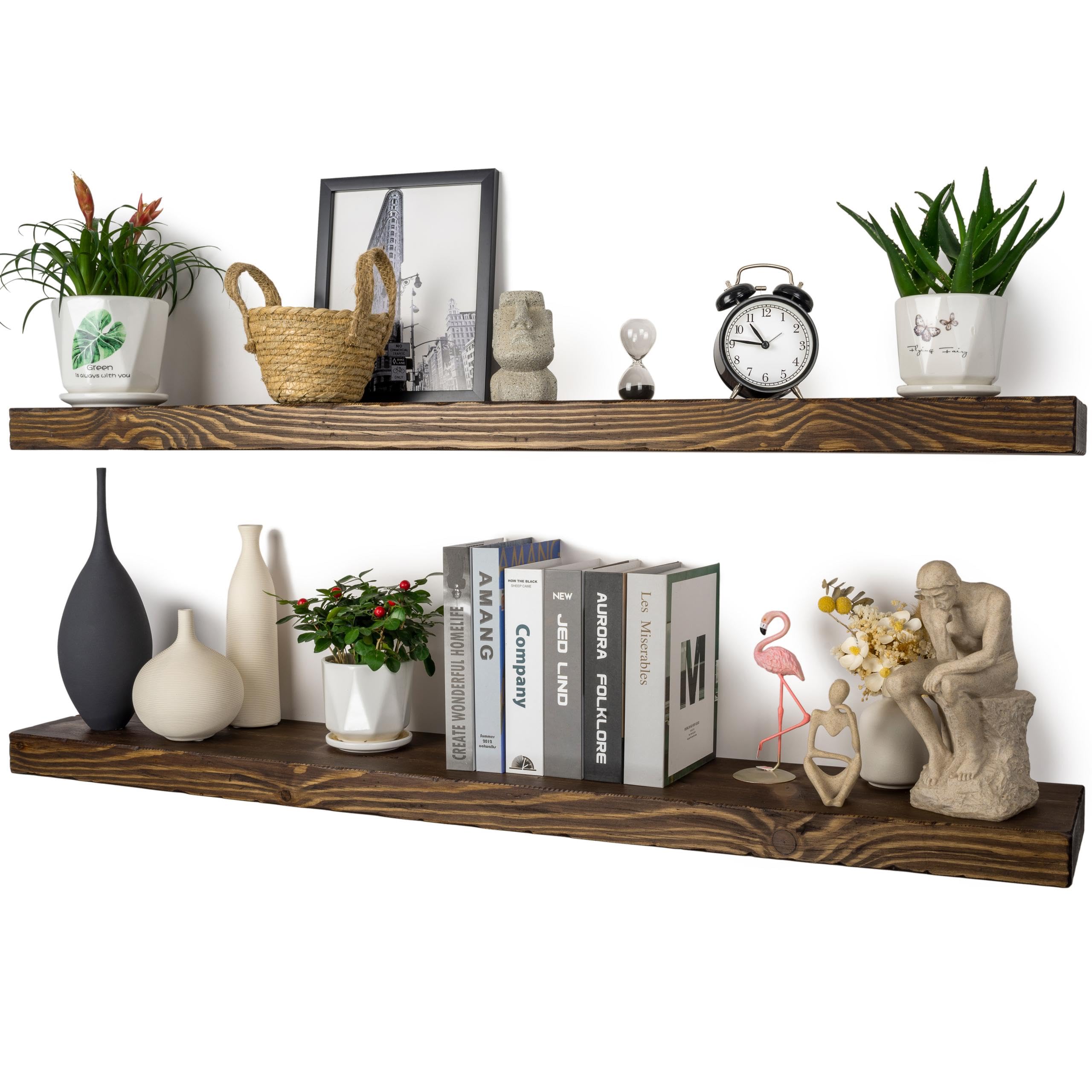 Floating Shelves 48 inch Long 8 "deep Set of 2, Heavy Duty Wood Wall Mounted Shelves for Bathroom Living Room Kitchen,Book Shelves with Thickened Hidden Bracket-Distressed Walnut