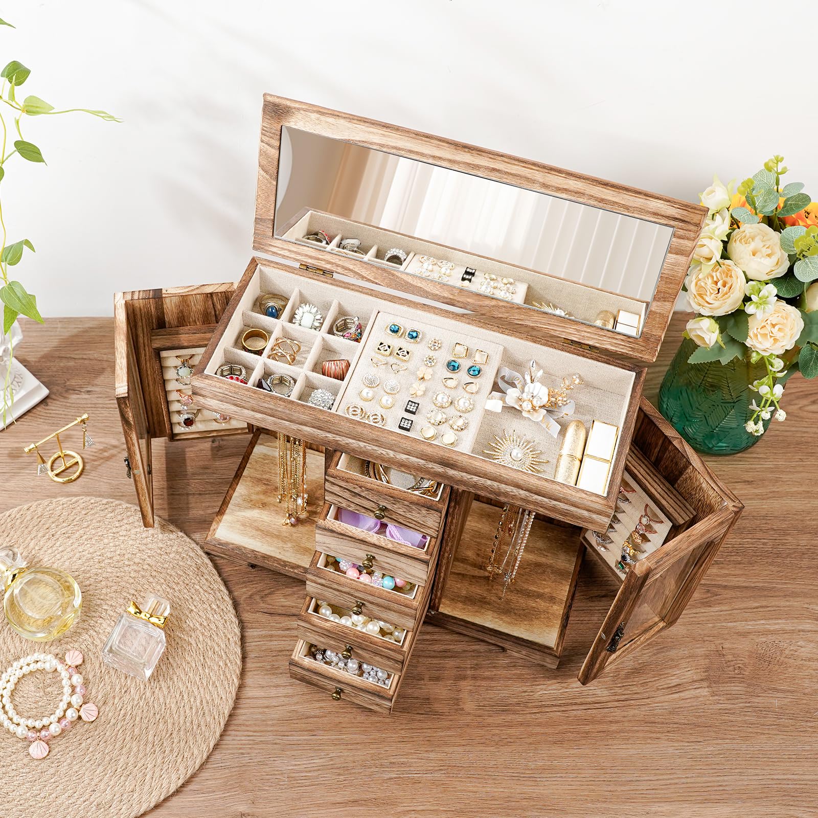 Boîte à Bijoux Femme, Rustique Grande Boite a Bijoux Bois avec Miroir, 6 couches Boite Rangement Bijoux Organisateur pour Colliers, Boucles D'oreilles, Bagues, Bracelets (Marron Rustique)