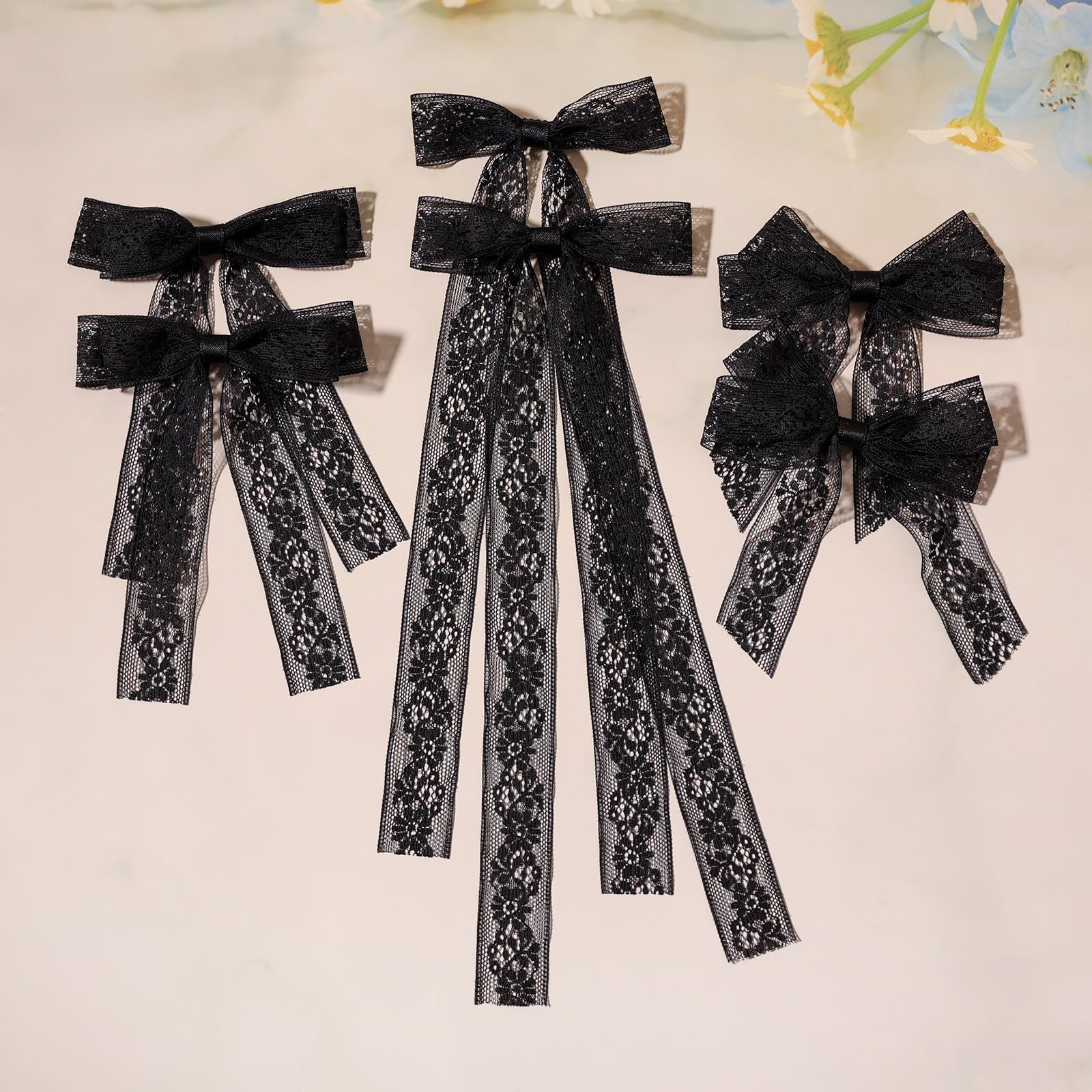 XFYUZR Hair Clip Bows for Women and Girls, 6Pcs Black Lace Tulle Bows with Long Tail Ribbon, Metal Bow Hair Clips, Bowknots Tassel Hair Barrettes
