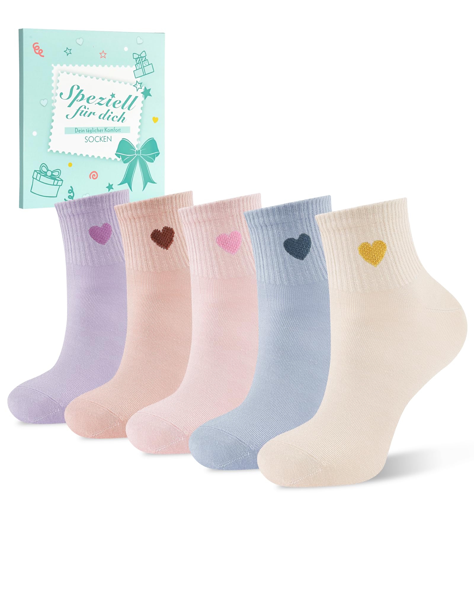 inaWarm Quarter Socken Damen, 5 Paar, 90% Baumwolle mit Herzdesign | Atmungsaktive Socken mit elastischem Bund, nahtloser Spitze sowie verstärkter Ferse und Spitze; für Alltag und Arbeit
