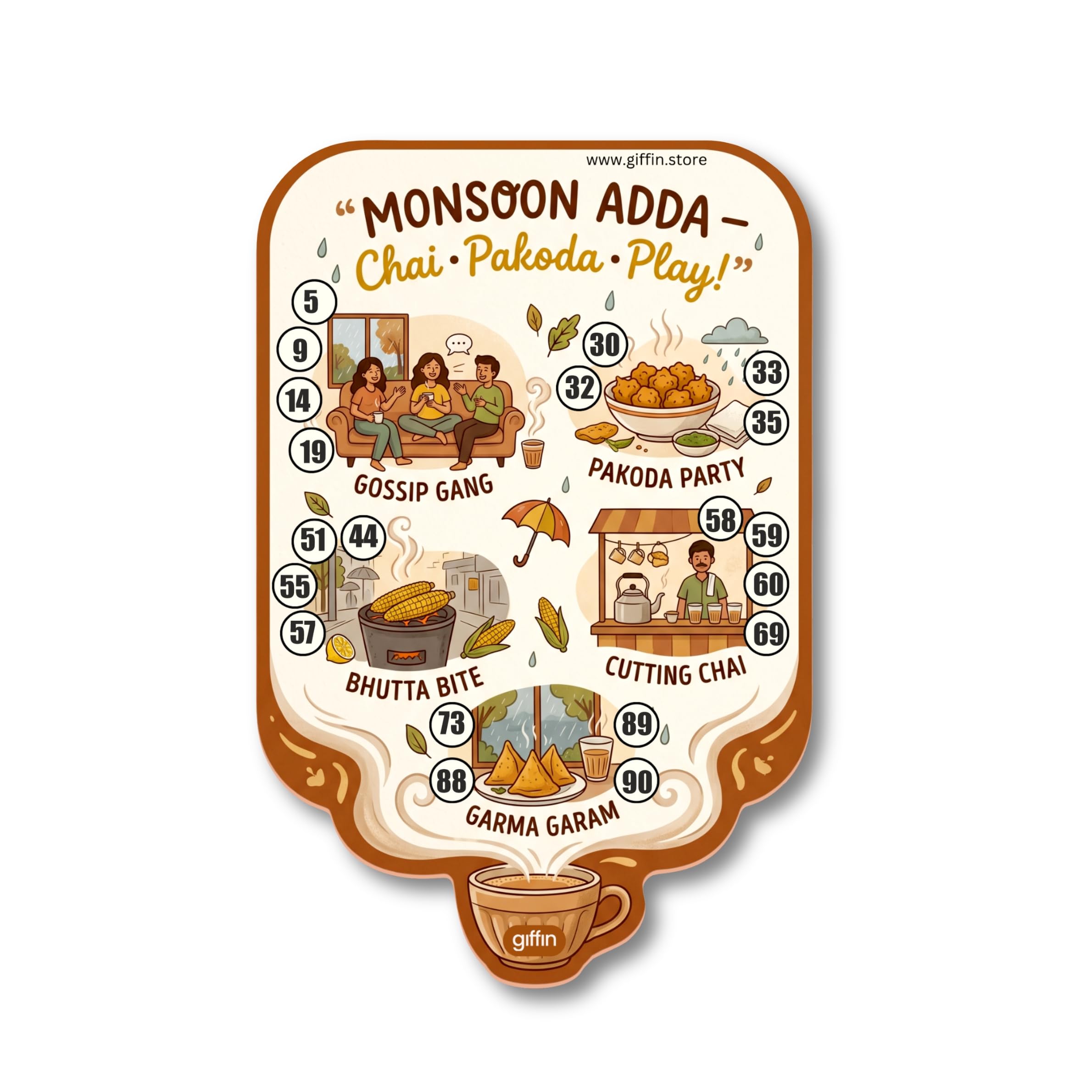 Monsoon Adda Tambola Tickets | Chai Pakoda Rain Theme Housie Game for Kitty Party, Family Games & Monsoon Theme Parties (Pack of 16 Cards)-image-15