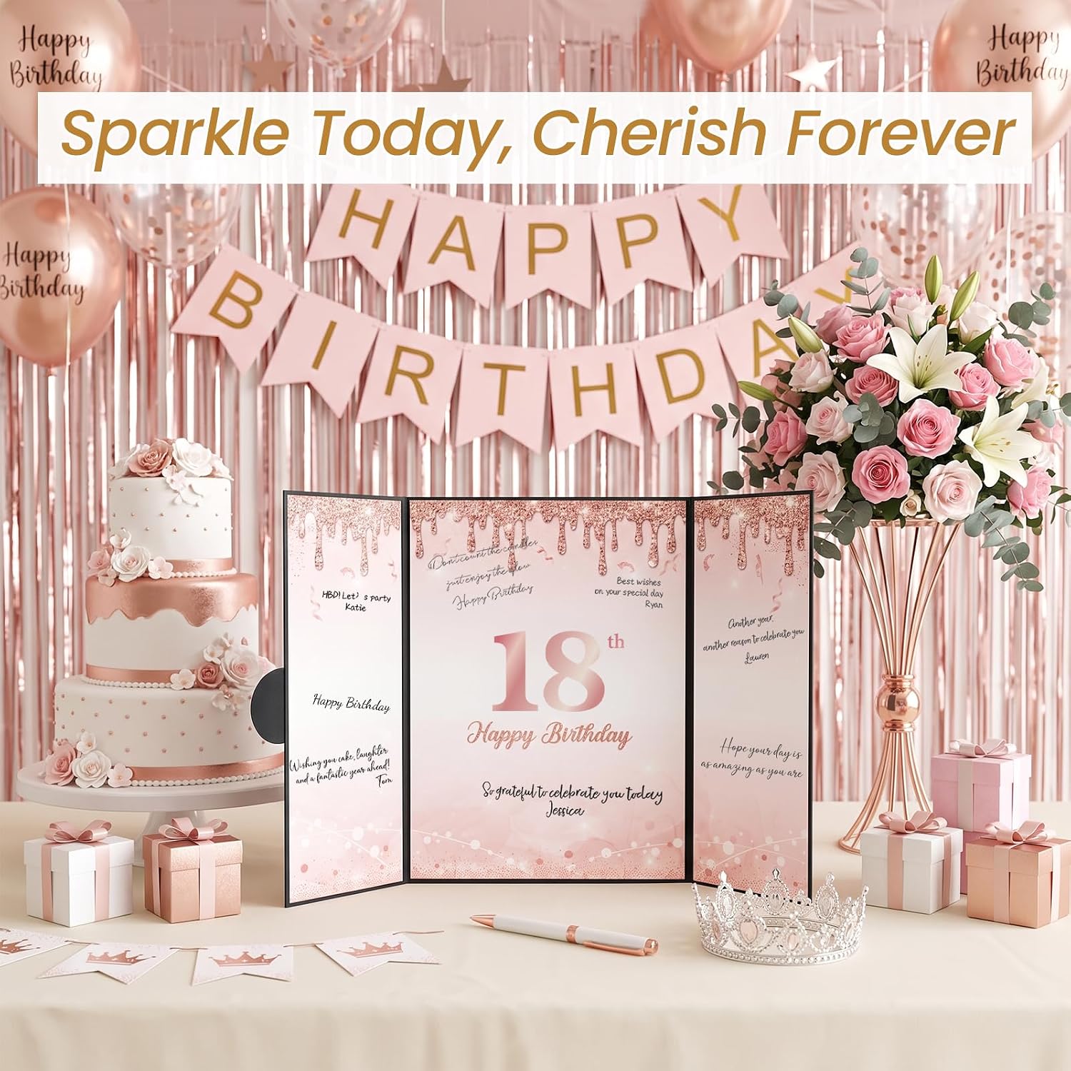 18th Birthday Decorations for Girls, Pink Birthday Guest Book Alternative